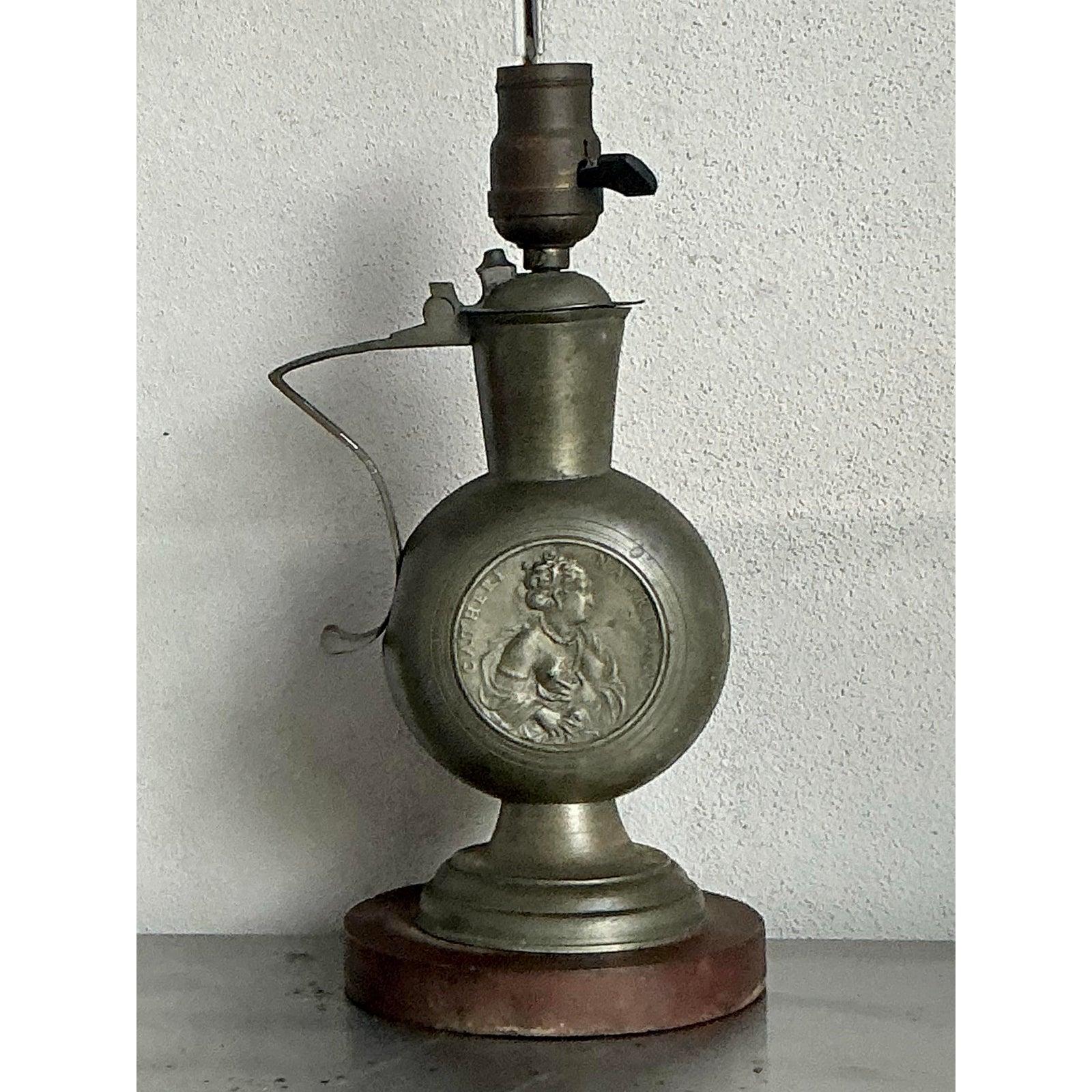 20th Century Vintage Boho Embossed Metal Medallion Lamp For Sale