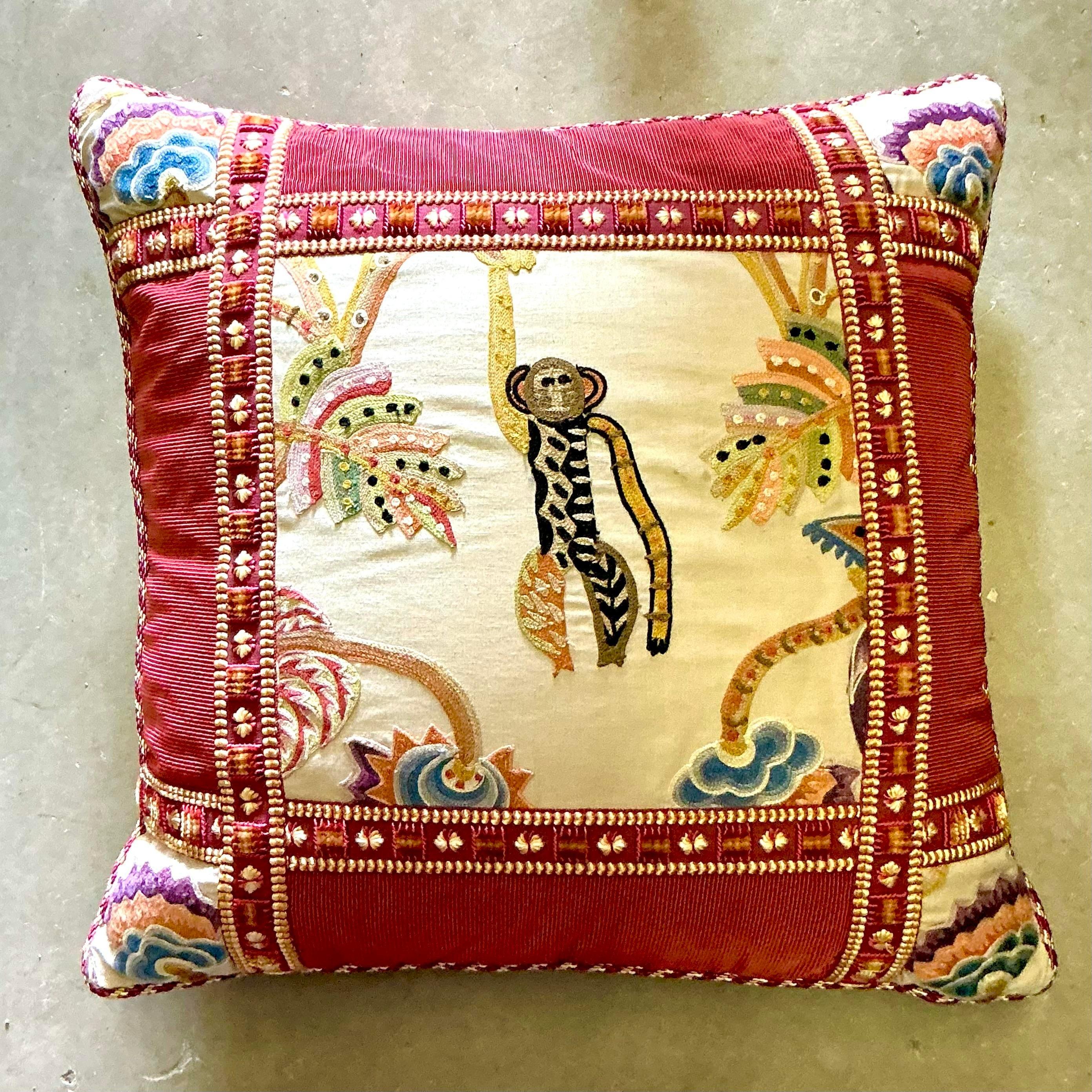 American Vintage Boho Embroidered Monkey Pillow