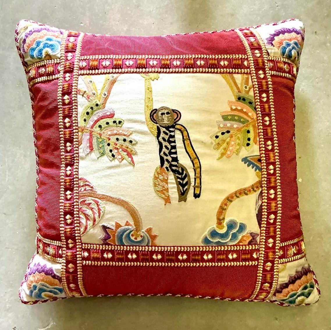 American Vintage Boho Embroidered Monkey Pillow For Sale