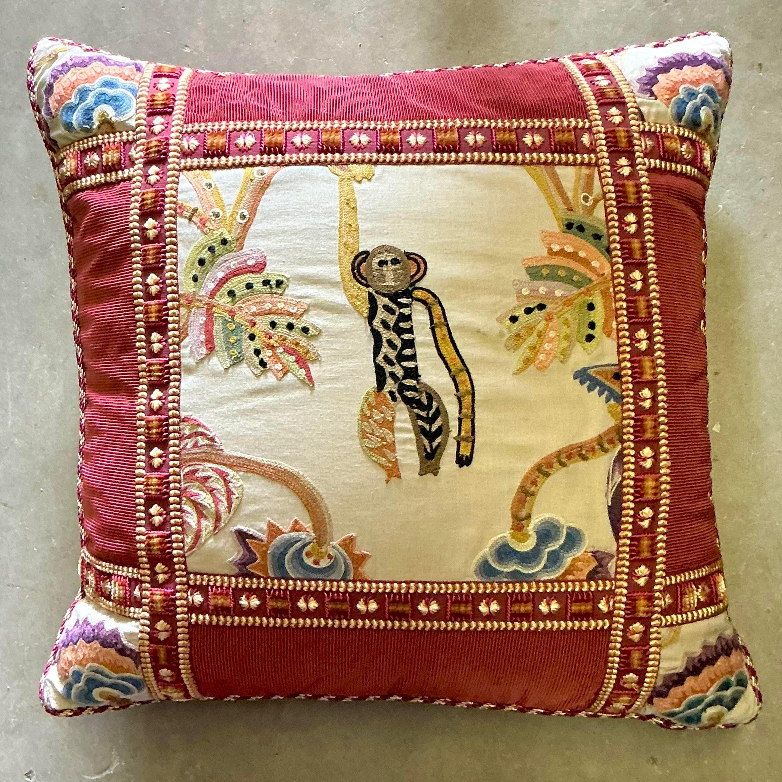 Vintage Boho Embroidered Monkey Pillow In Good Condition In West Palm Beach, FL