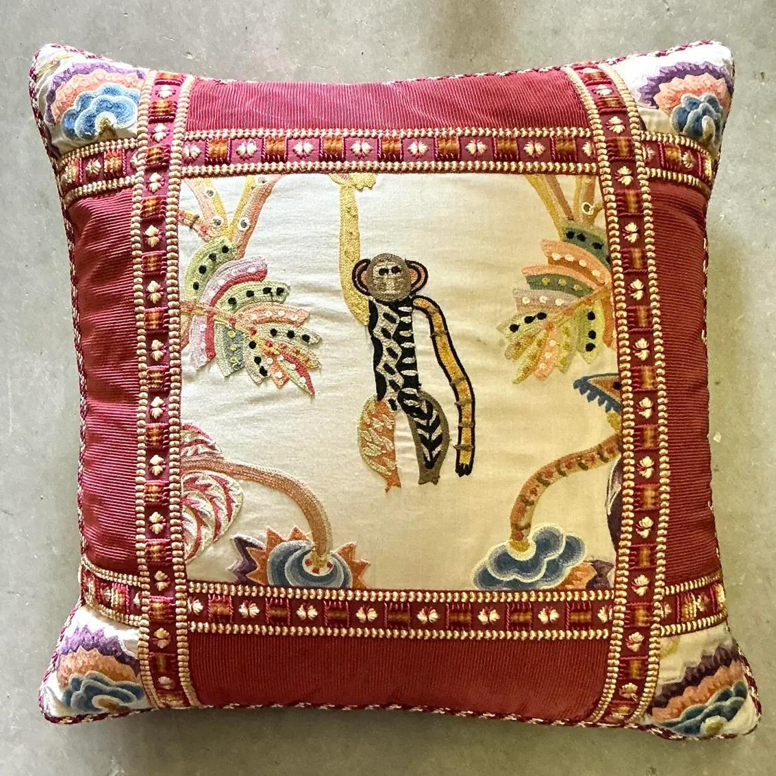 Vintage Boho Embroidered Monkey Pillow In Good Condition For Sale In West Palm Beach, FL
