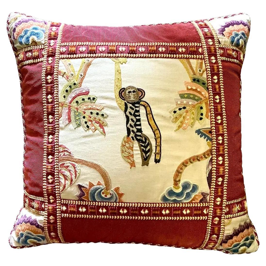 Vintage Boho Embroidered Monkey Pillow For Sale