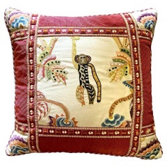 Vintage Boho Embroidered Monkey Pillow