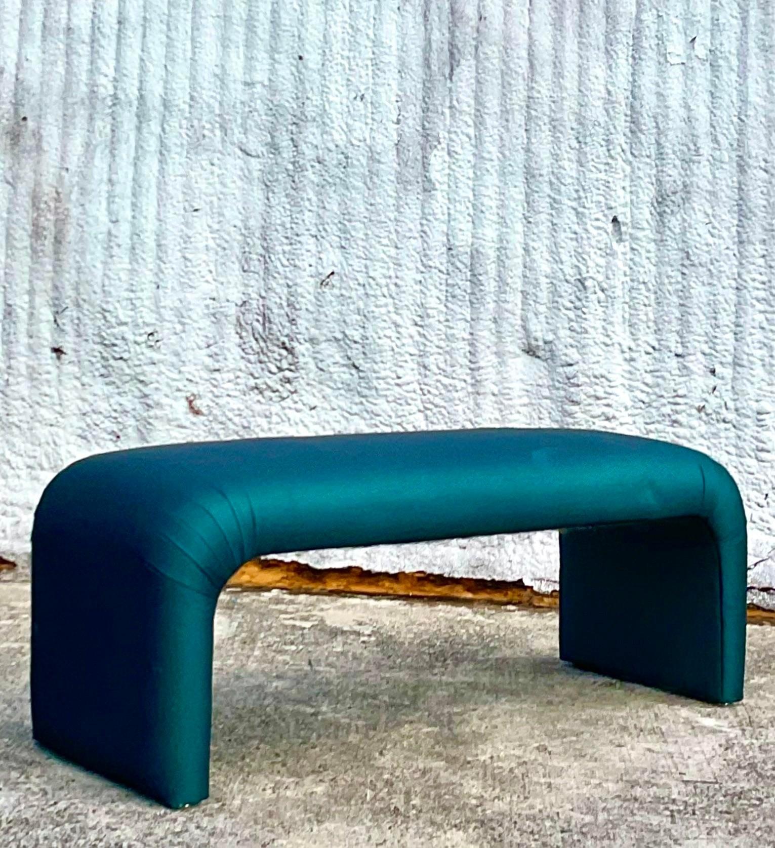 American Vintage Boho Emerald Waterfall Bench For Sale