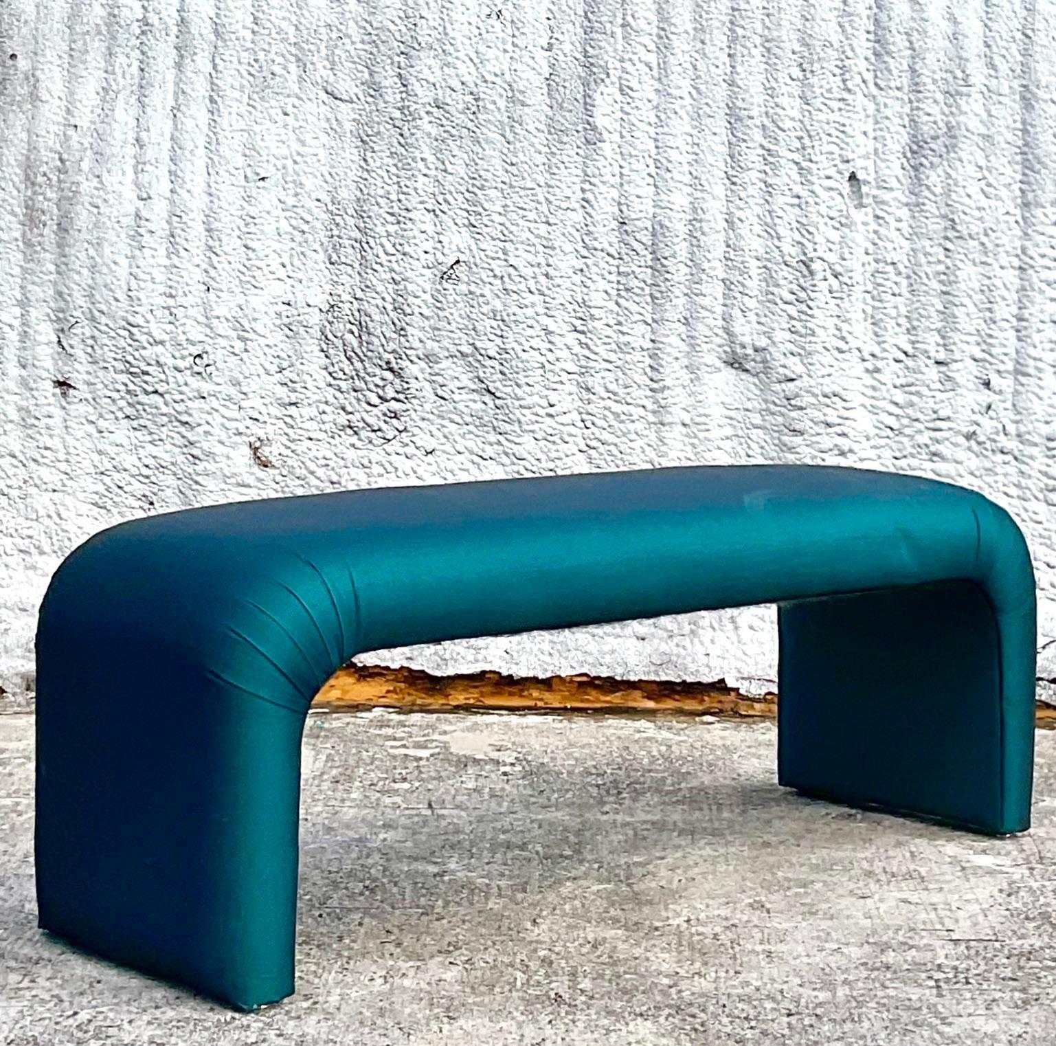 Upholstery Vintage Boho Emerald Waterfall Bench For Sale
