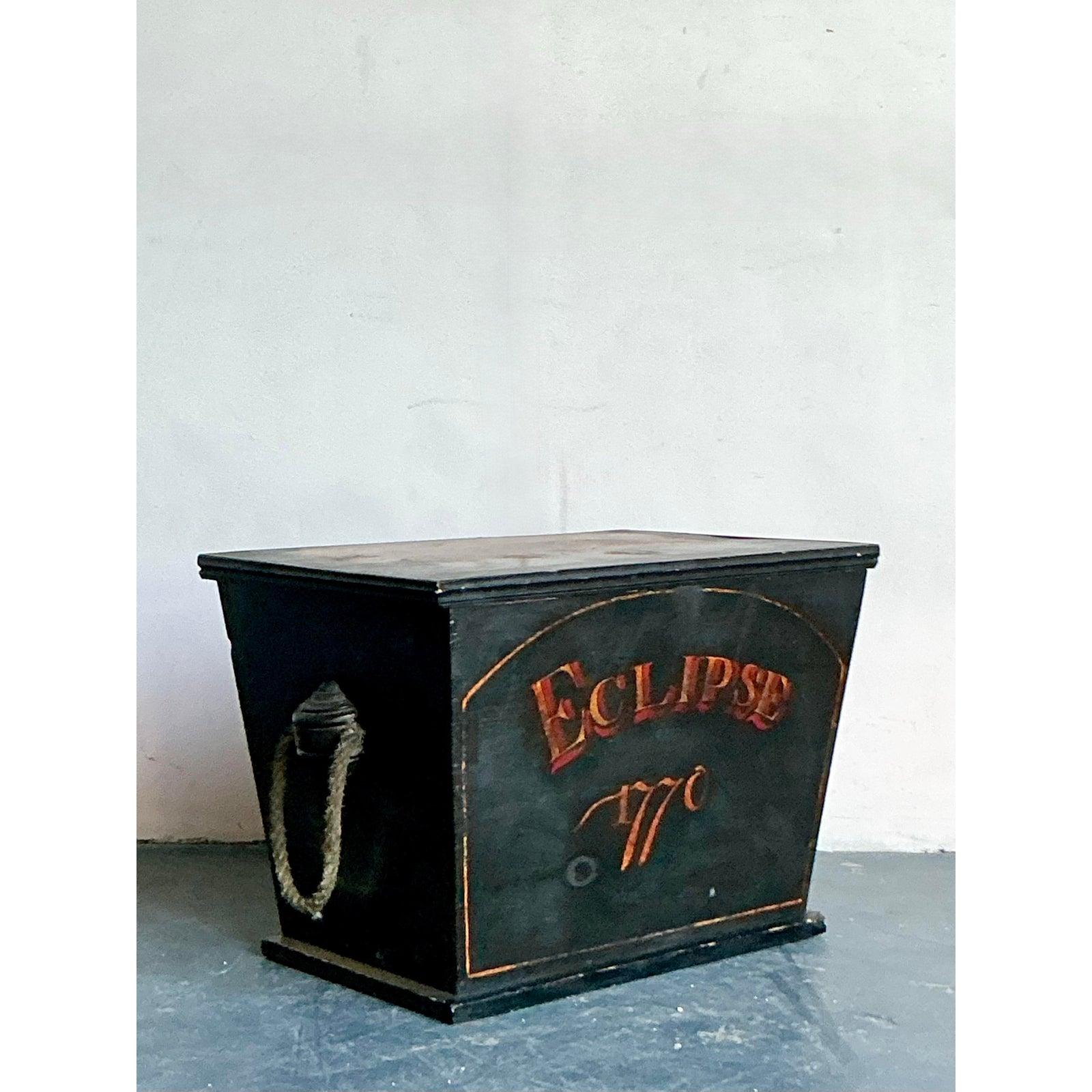 Folk Art Vintage Boho English Eclipse 770 Wood Trunk For Sale