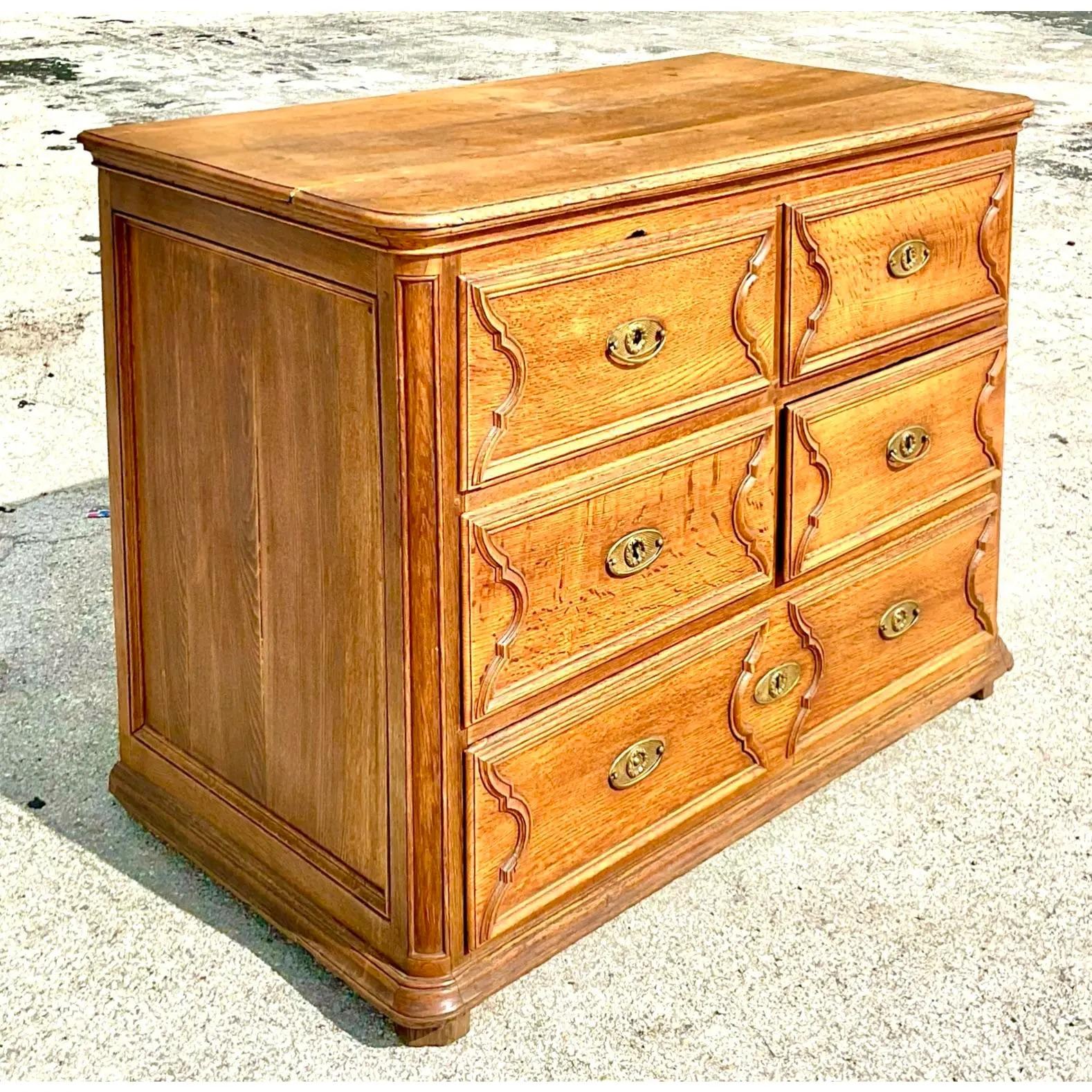 Fantastic vintage Boho English Georgian style Gentlemen’s chest of drawers. Beautiful hand carved detail on a large and impressive cabinet. Acquired from a Palm Beach estate.