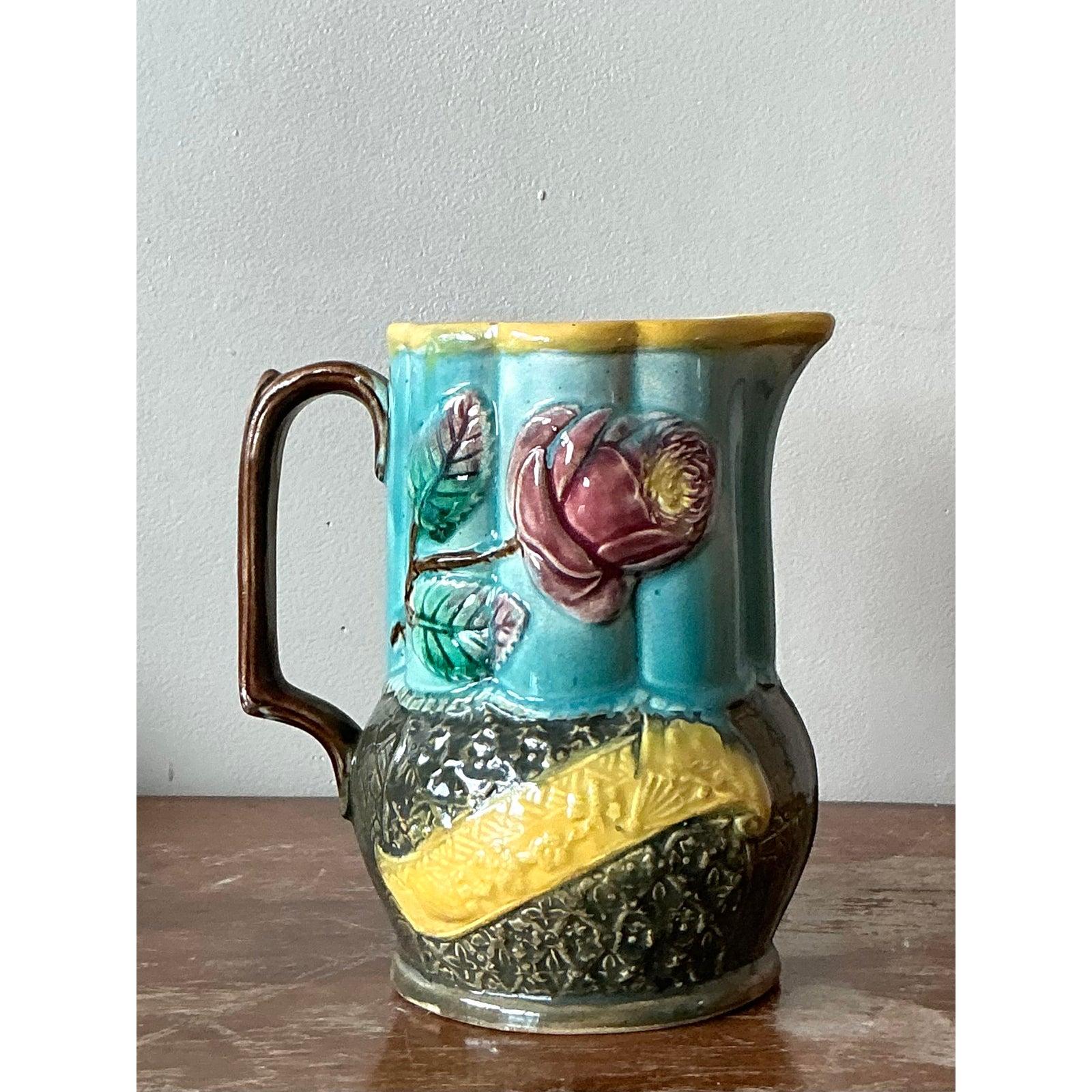 Pichet vintage Boho en majolique anglaise en vente 3