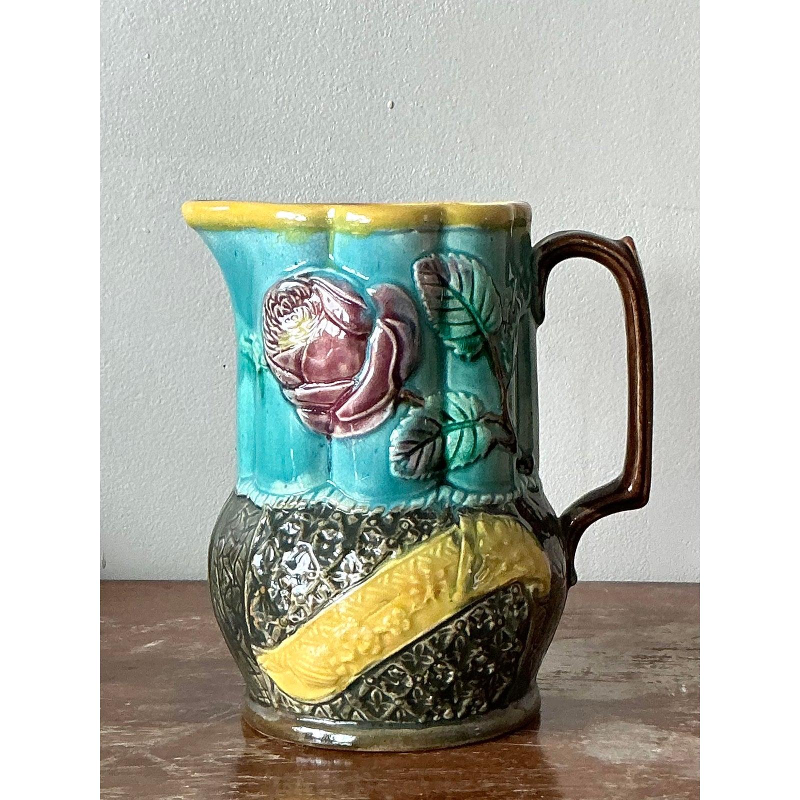 Pichet vintage Boho en majolique anglaise en vente 4