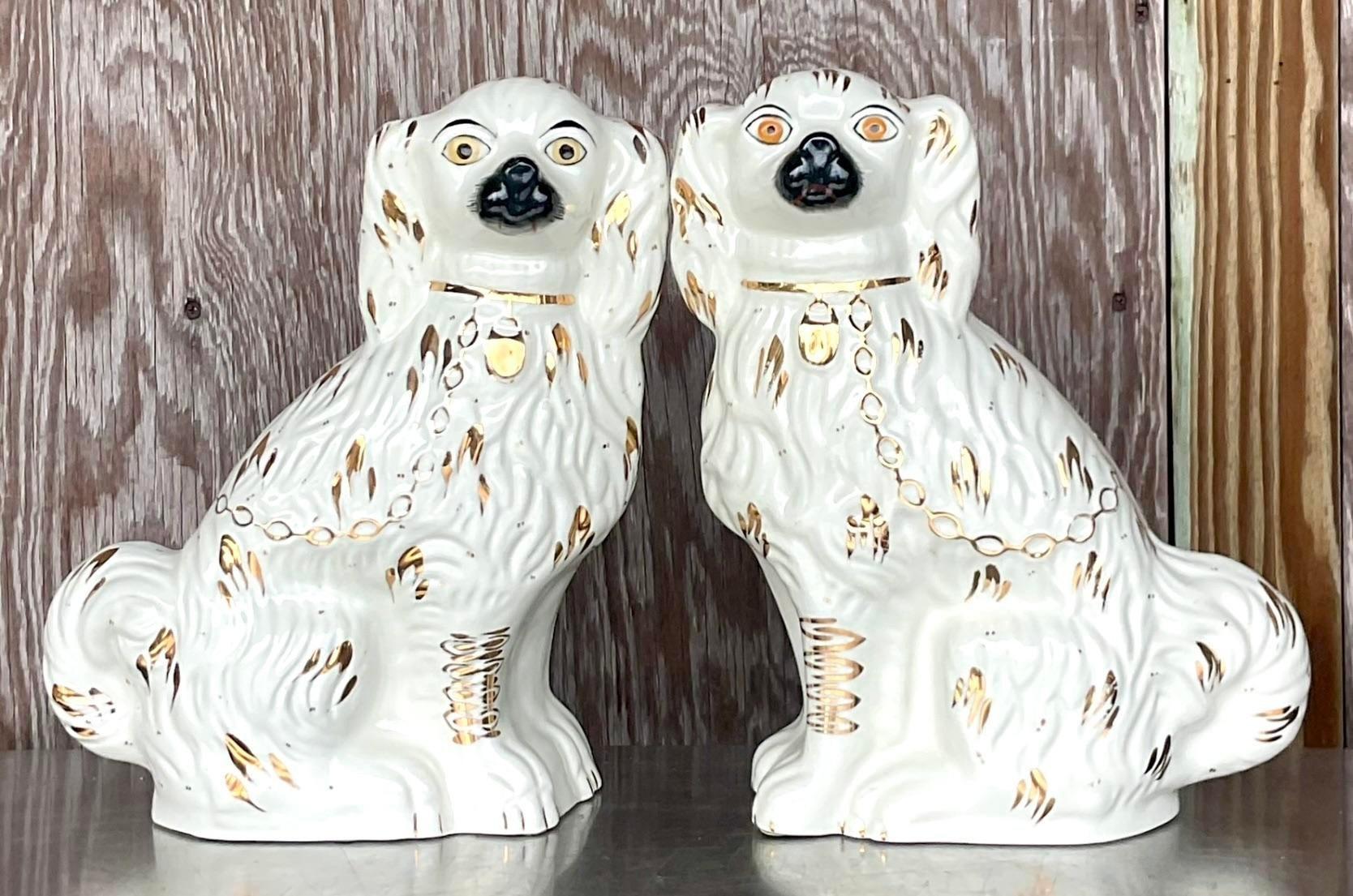 Vintage Boho English Staffordshire Ware Glazed Ceramic Dogs - a Pair 1