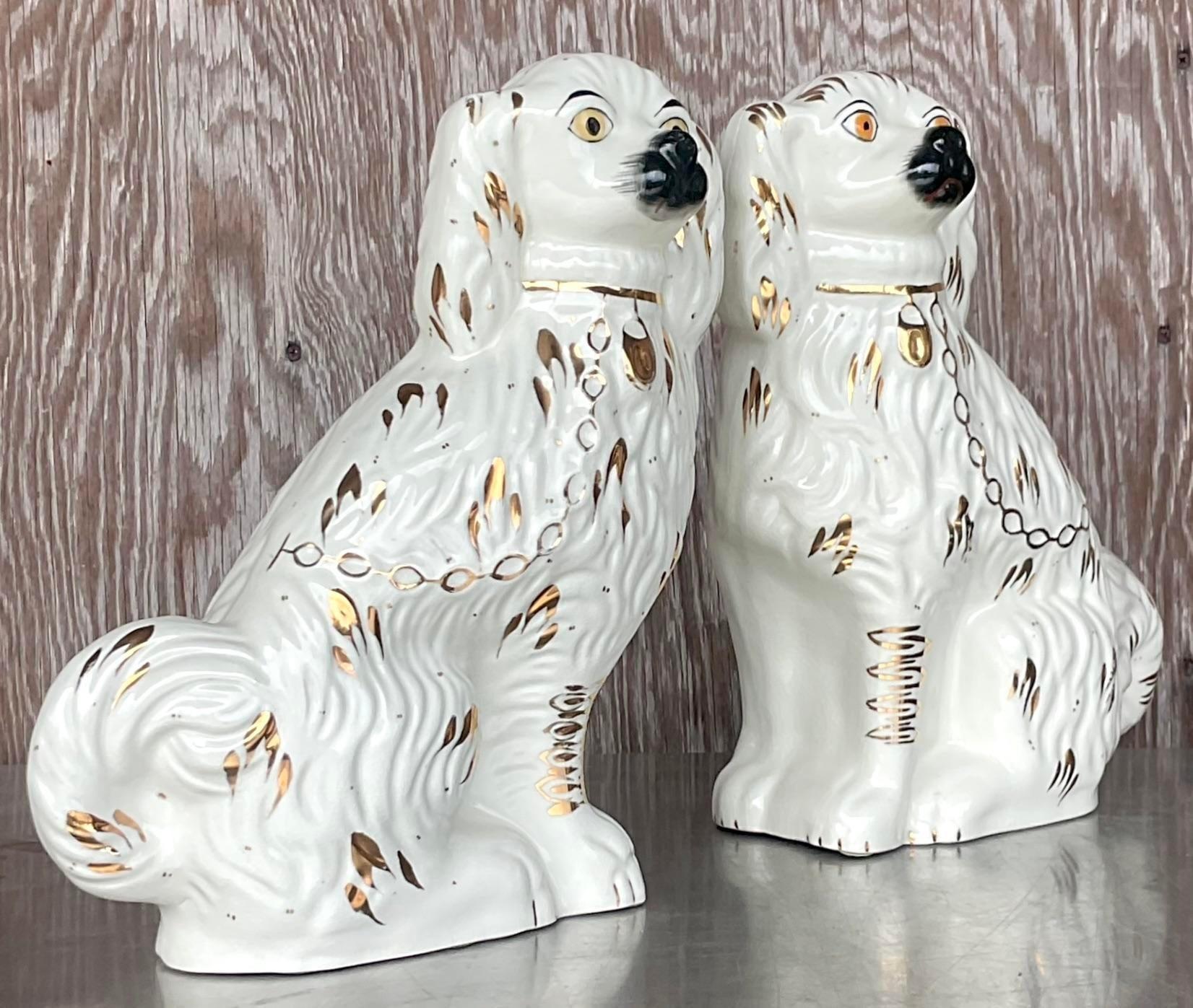 Vintage Boho English Staffordshire Ware Glazed Ceramic Dogs - a Pair 2