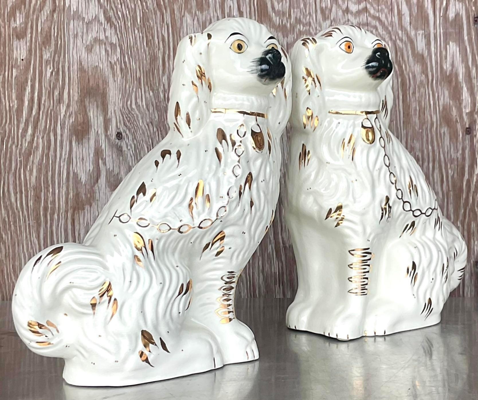 Vintage Boho English Staffordshire Ware Glazed Ceramic Dogs - a Pair 4
