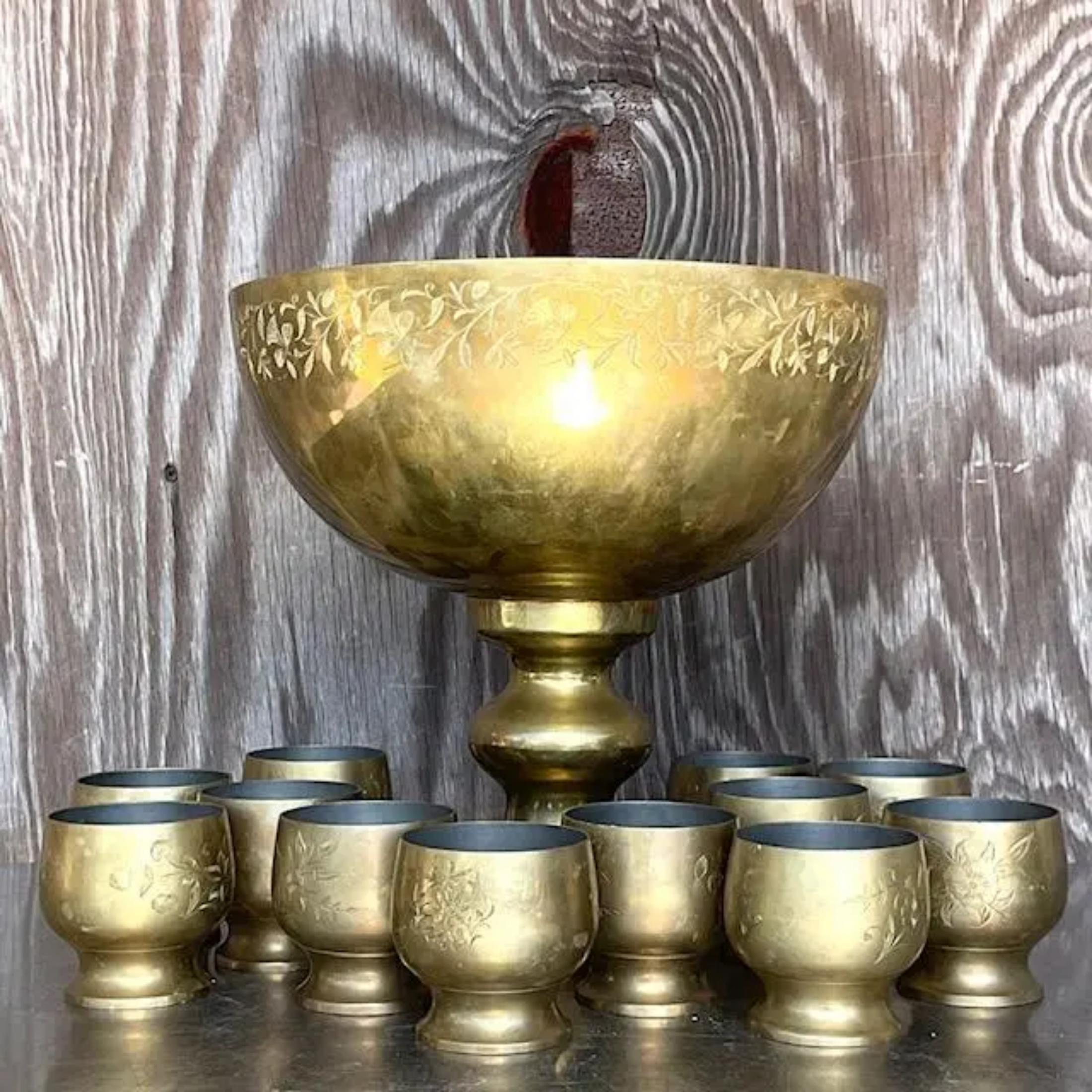 Bohemian Vintage Boho Engraved Brass Punch Bowl Set- 13 Pieces For Sale