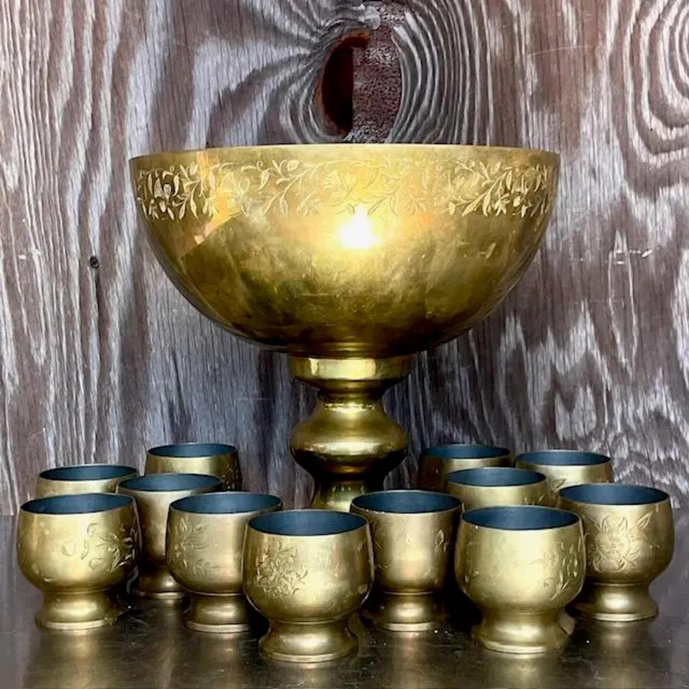 American Vintage Boho Engraved Brass Punch Bowl Set- 13 Pieces For Sale