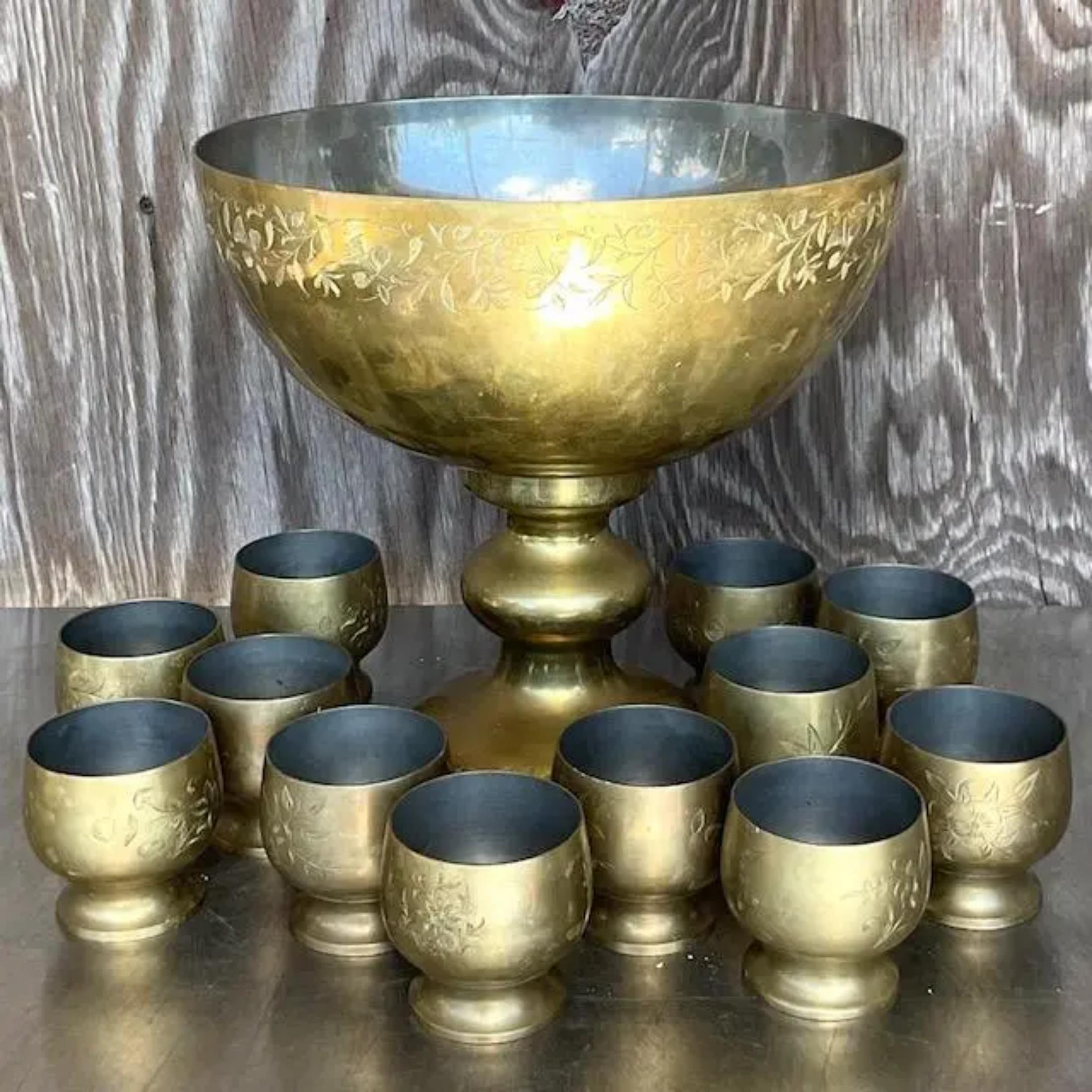 Vintage Boho Engraved Brass Punch Bowl Set- 13 Pieces In Good Condition For Sale In west palm beach, FL