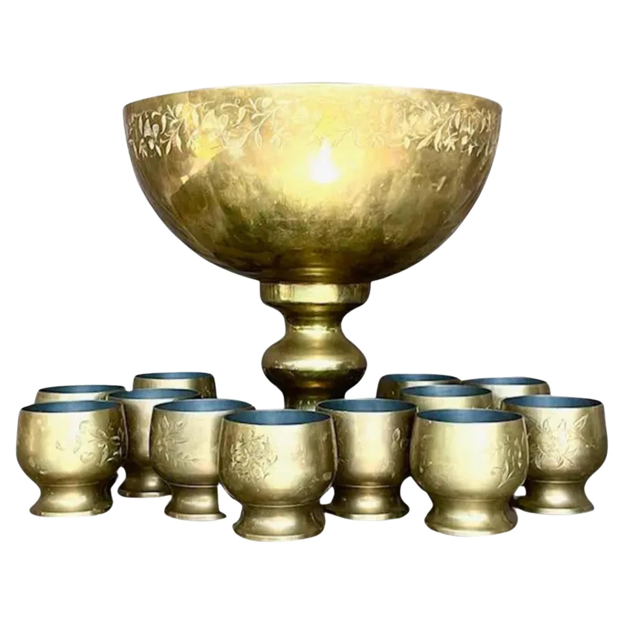 Vintage Boho Engraved Brass Punch Bowl Set- 13 Pieces For Sale