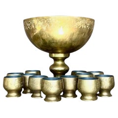 Retro Boho Engraved Brass Punch Bowl Set- 13 Pieces