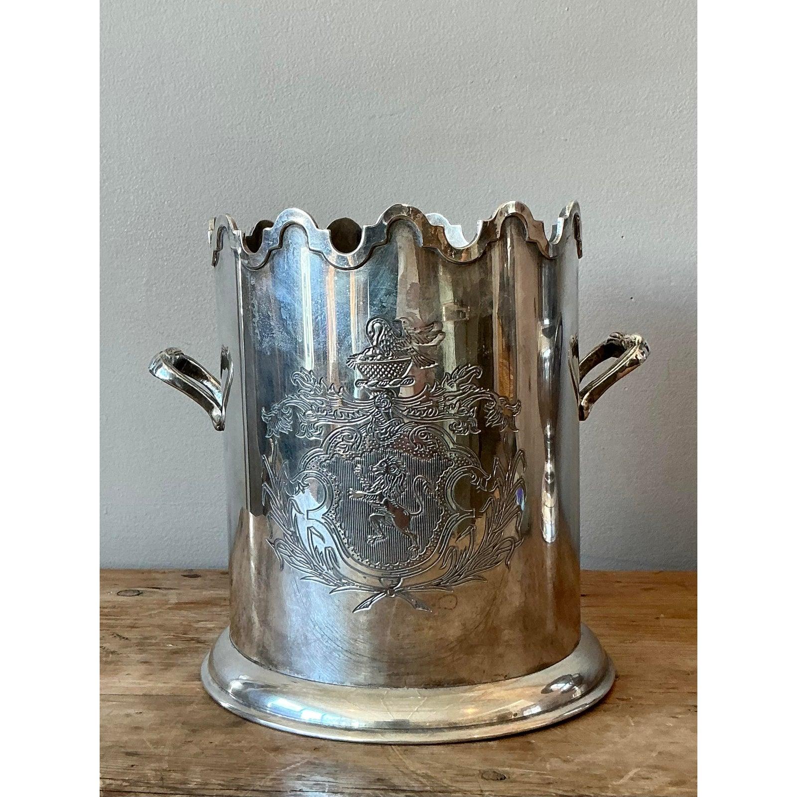 Baroque Vintage Boho Engraved Silverplate Champagne Bucket For Sale