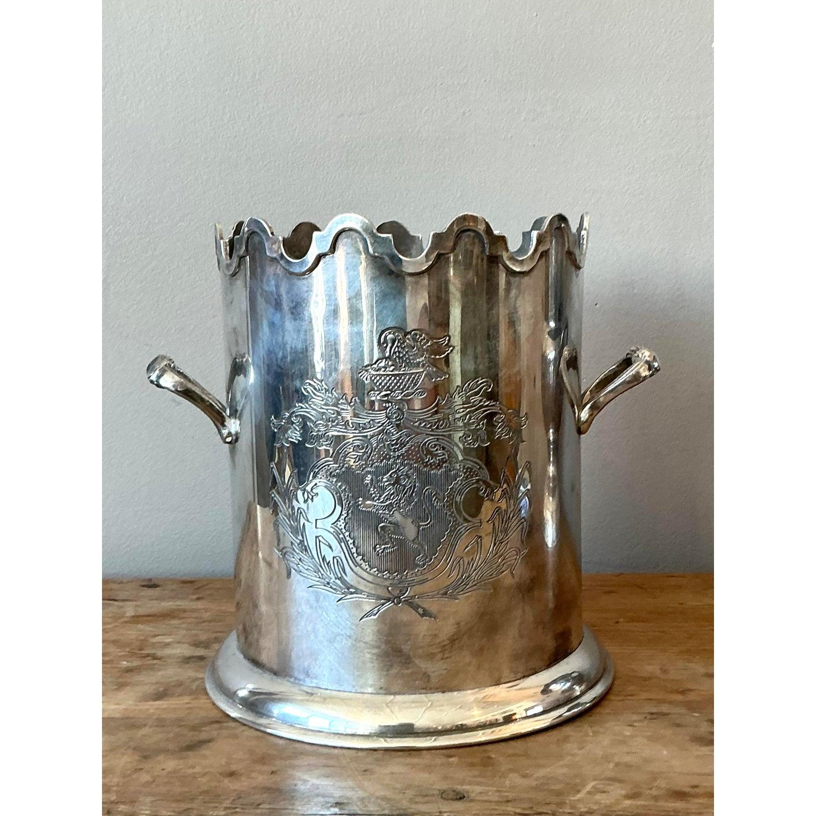 British Vintage Boho Engraved Silverplate Champagne Bucket For Sale