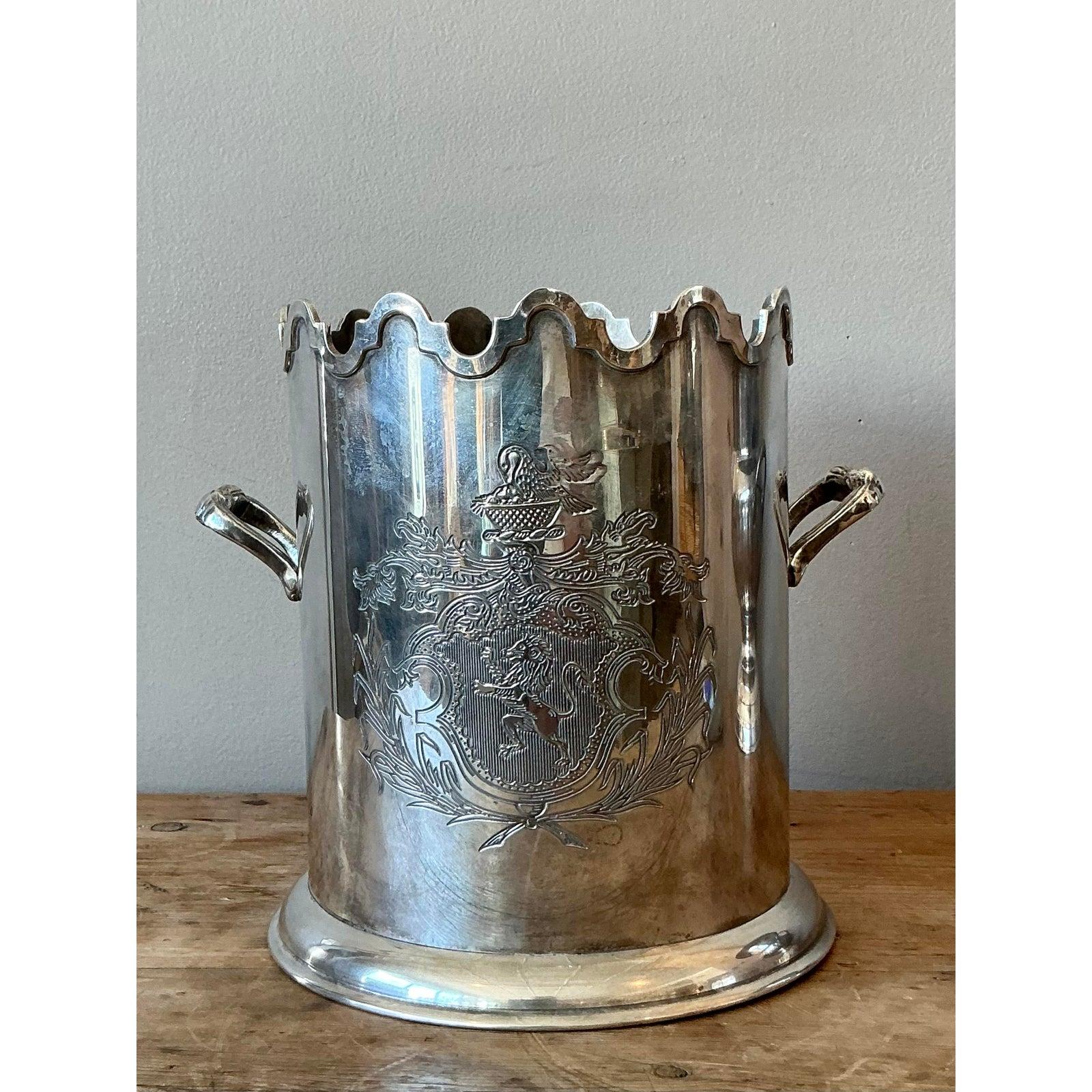 Vintage Boho Engraved Silverplate Champagne Bucket In Good Condition For Sale In West Palm Beach, FL