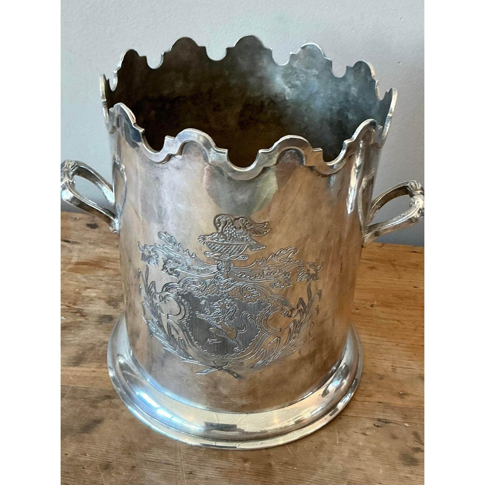 20th Century Vintage Boho Engraved Silverplate Champagne Bucket For Sale