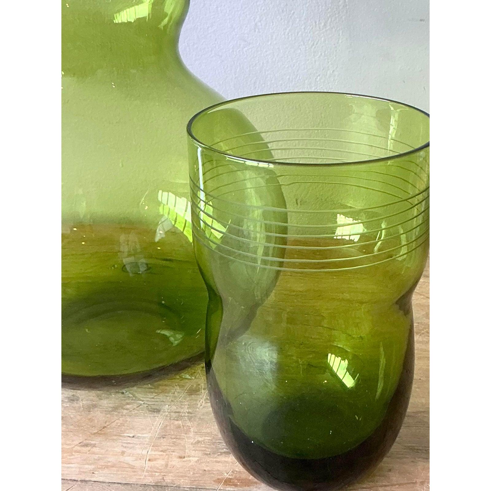 20th Century Vintage Boho Etched Bedside Water Pitcher For Sale