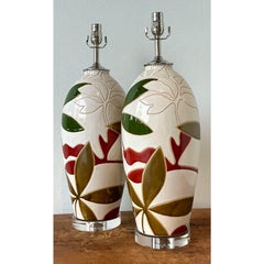 Vintage Boho Etched Glazed Ceramic Lamps - A Pair