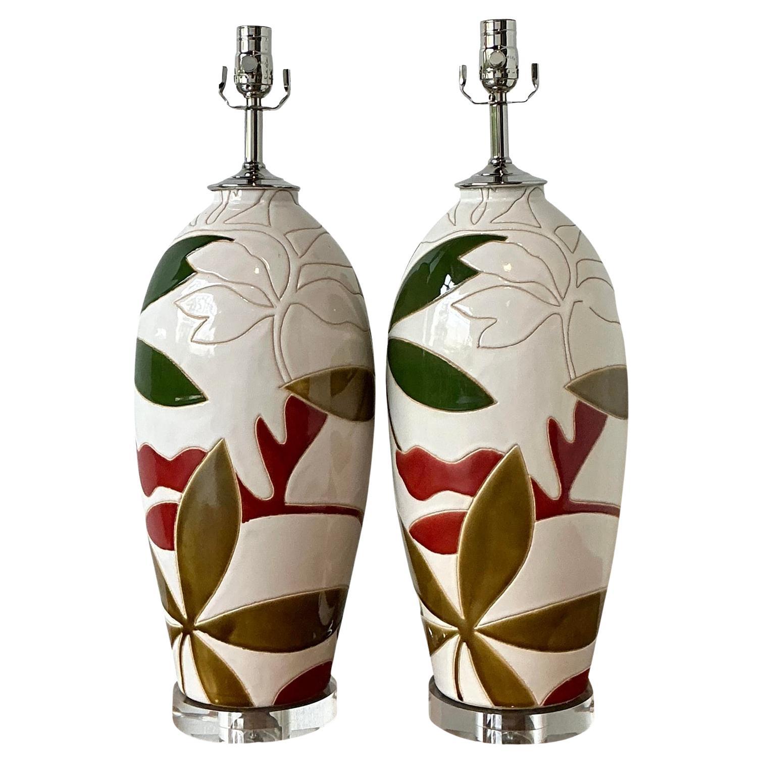 Vintage Boho Etched Glazed Ceramic Lamps - A Pair For Sale