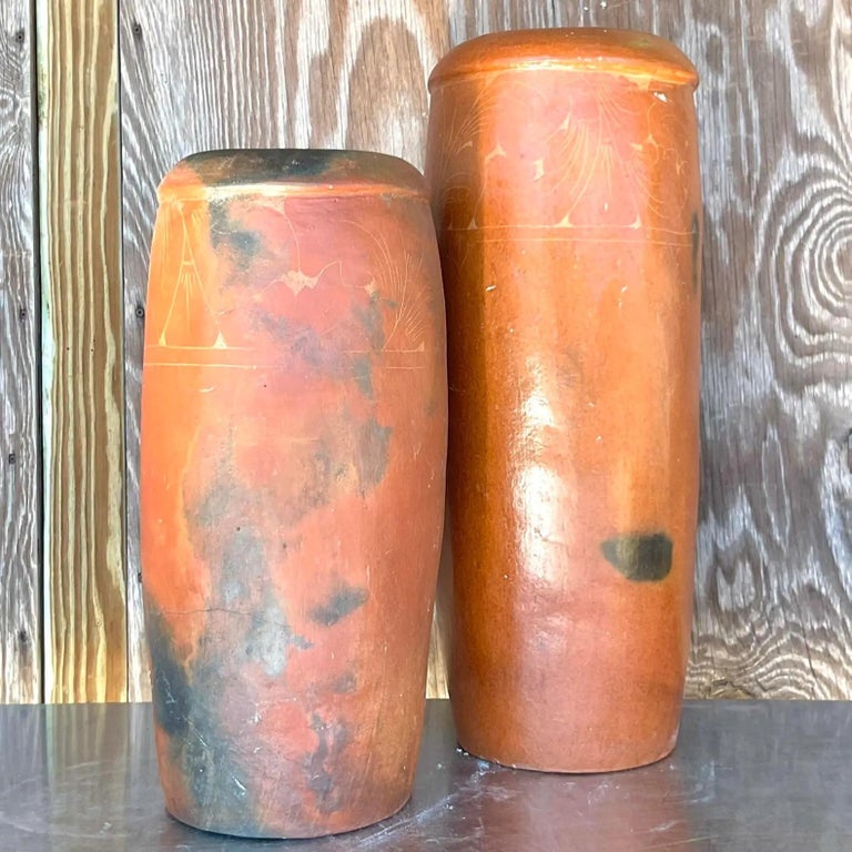 Vintage Boho Etched Terracotta Vases, Set of 2 For Sale at 1stDibs