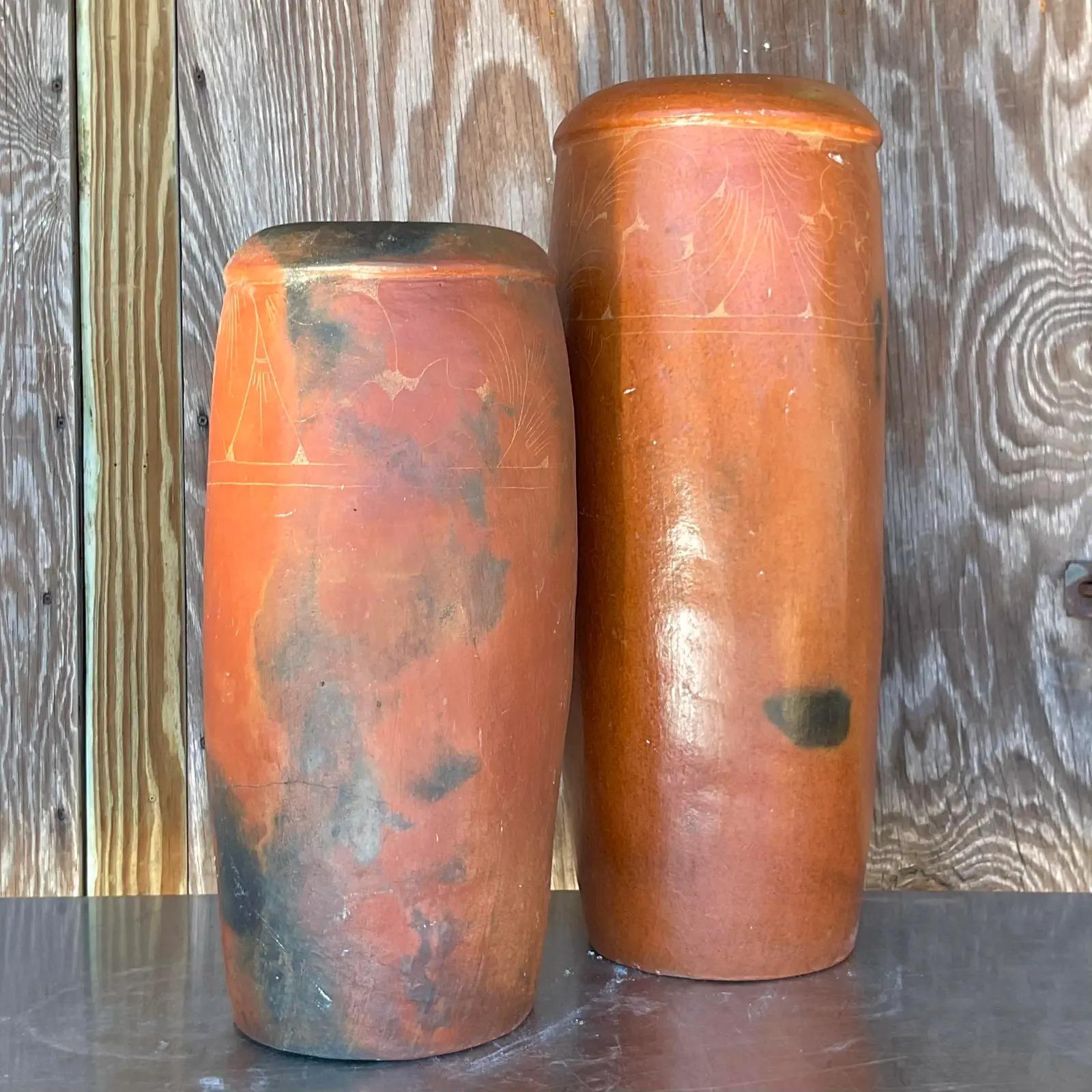 North American Vintage Boho Etched Terracotta Vases - a Pair For Sale