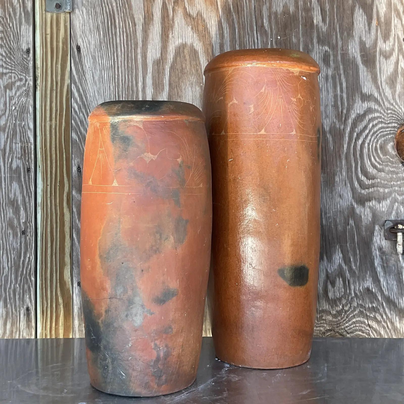 Vintage Boho Etched Terracotta Vases - a Pair In Good Condition For Sale In west palm beach, FL