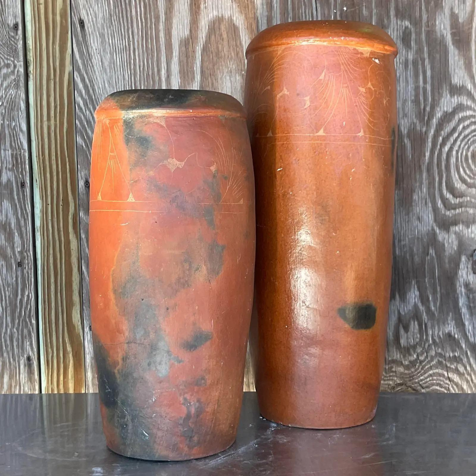 20th Century Vintage Boho Etched Terracotta Vases - a Pair For Sale