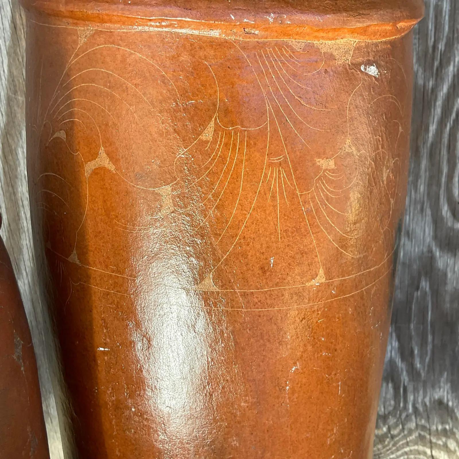 Vintage Boho Etched Terracotta Vases - a Pair For Sale 1