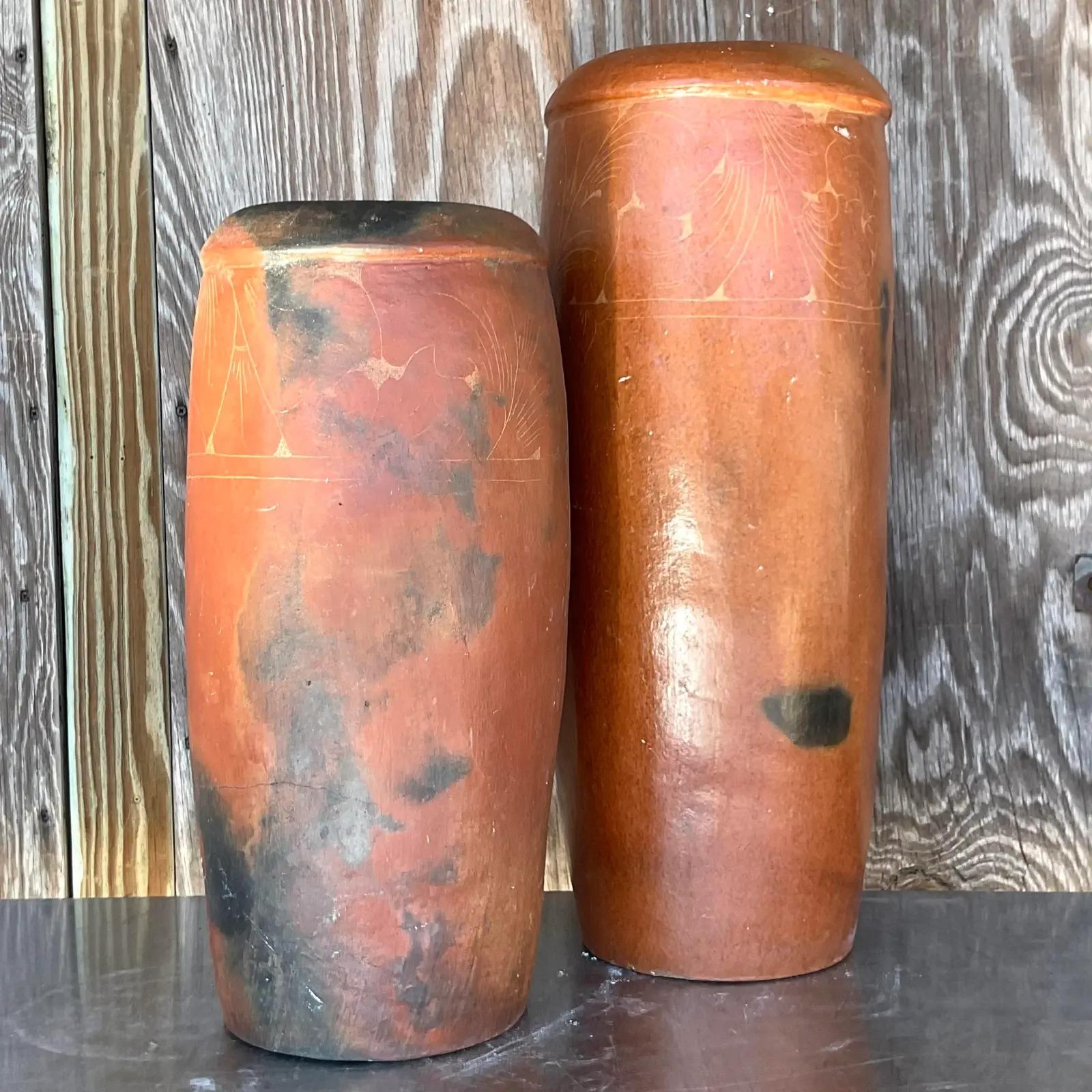 Vintage Boho Etched Terracotta Vases - a Pair For Sale 4