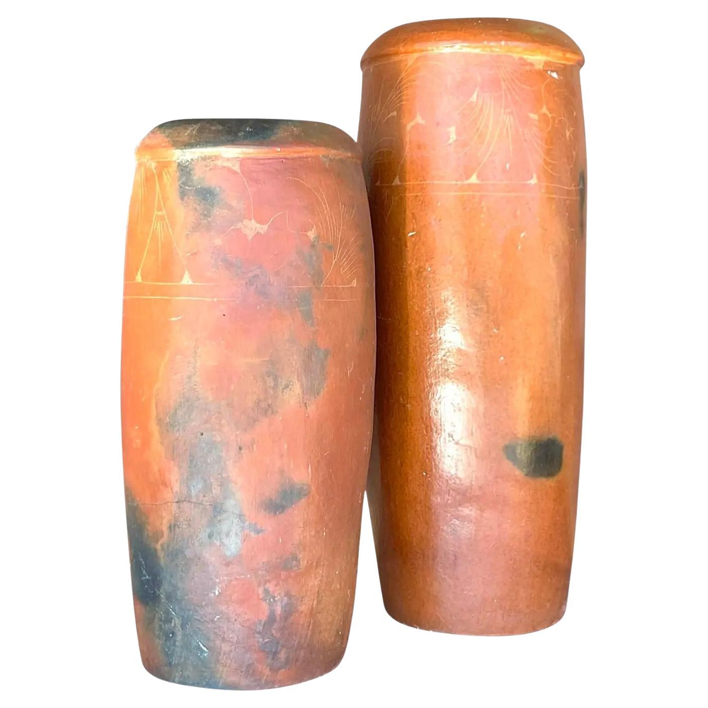 Vintage Boho Etched Terracotta Vases - a Pair