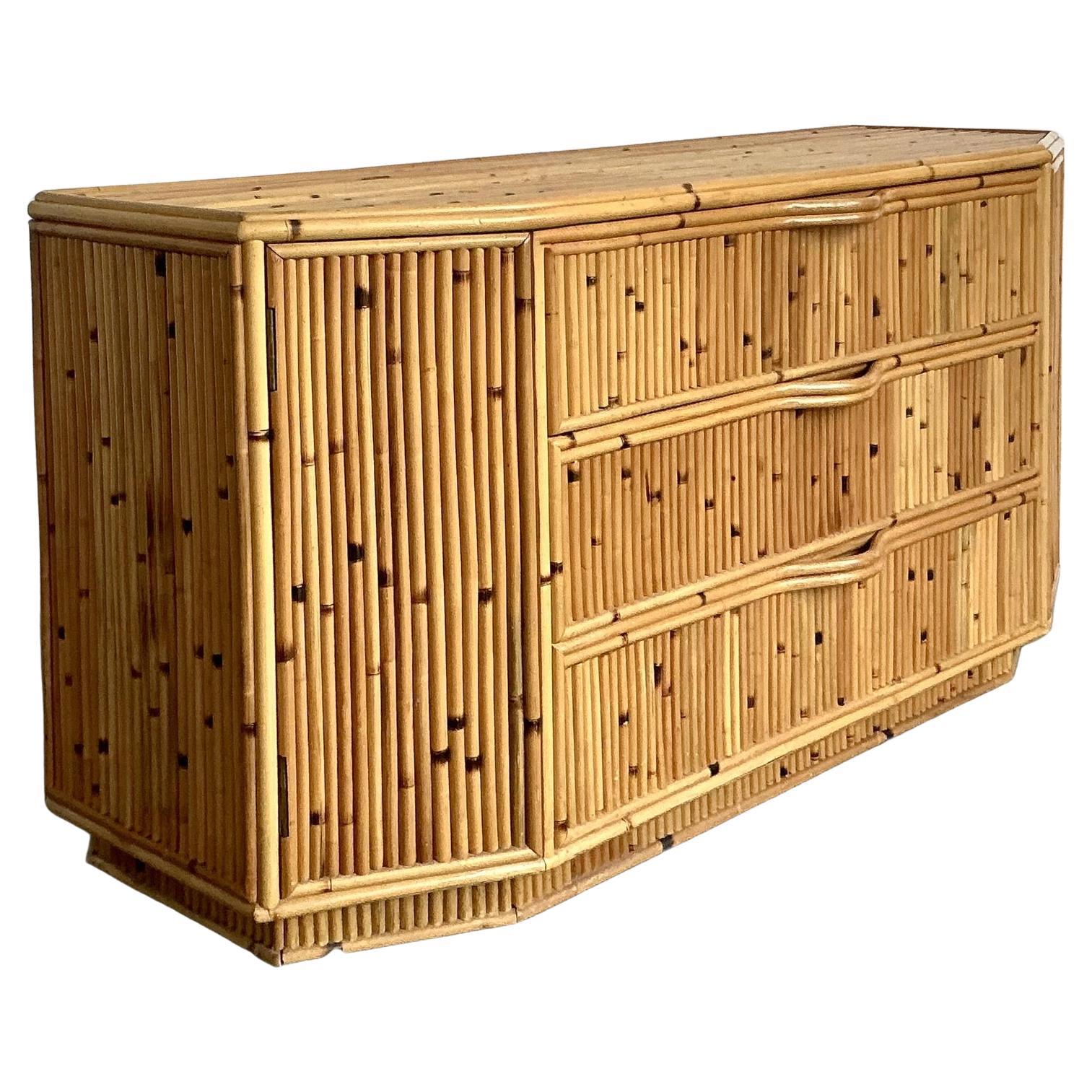 Vintage Boho Faceted Bamboo Dresser For Sale