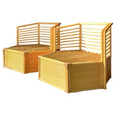 Vintage Boho Faceted Rattan Lounge Chairs - A Pair