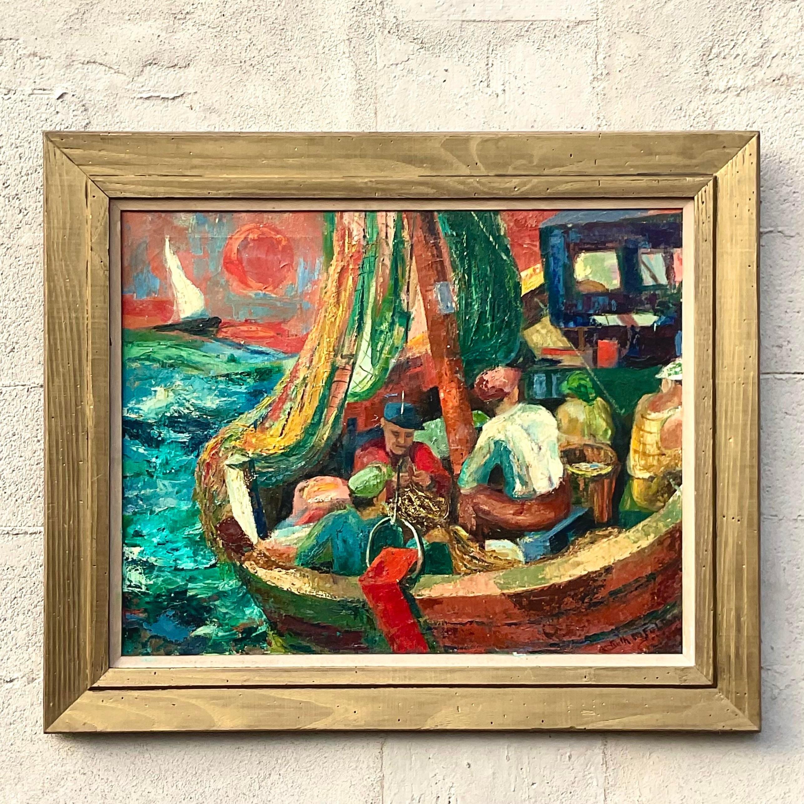 American Vintage Boho Fauve Abstract Figural Original Oil on Canvas For Sale
