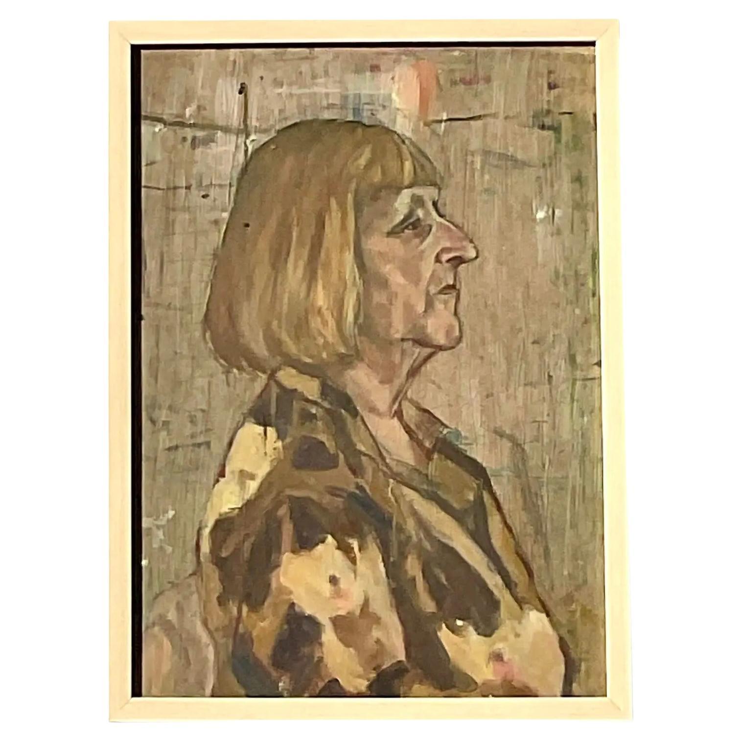 Vintage Boho Original Oil Portrait of Woman For Sale at 1stDibs