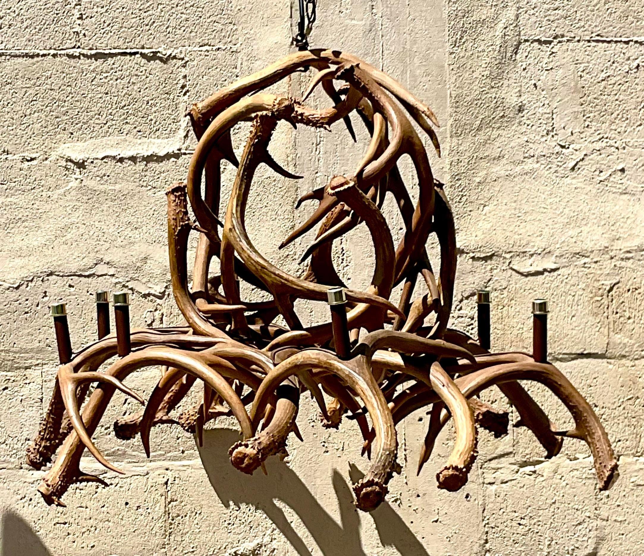 American Vintage Boho Faux Antler Chandelier For Sale