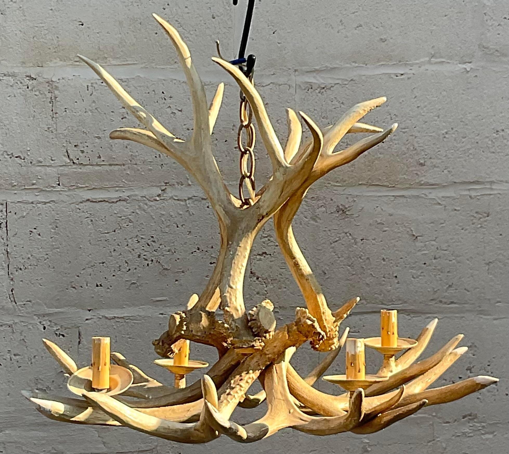 Vintage Boho Faux Antler Chandelier In Good Condition For Sale In west palm beach, FL
