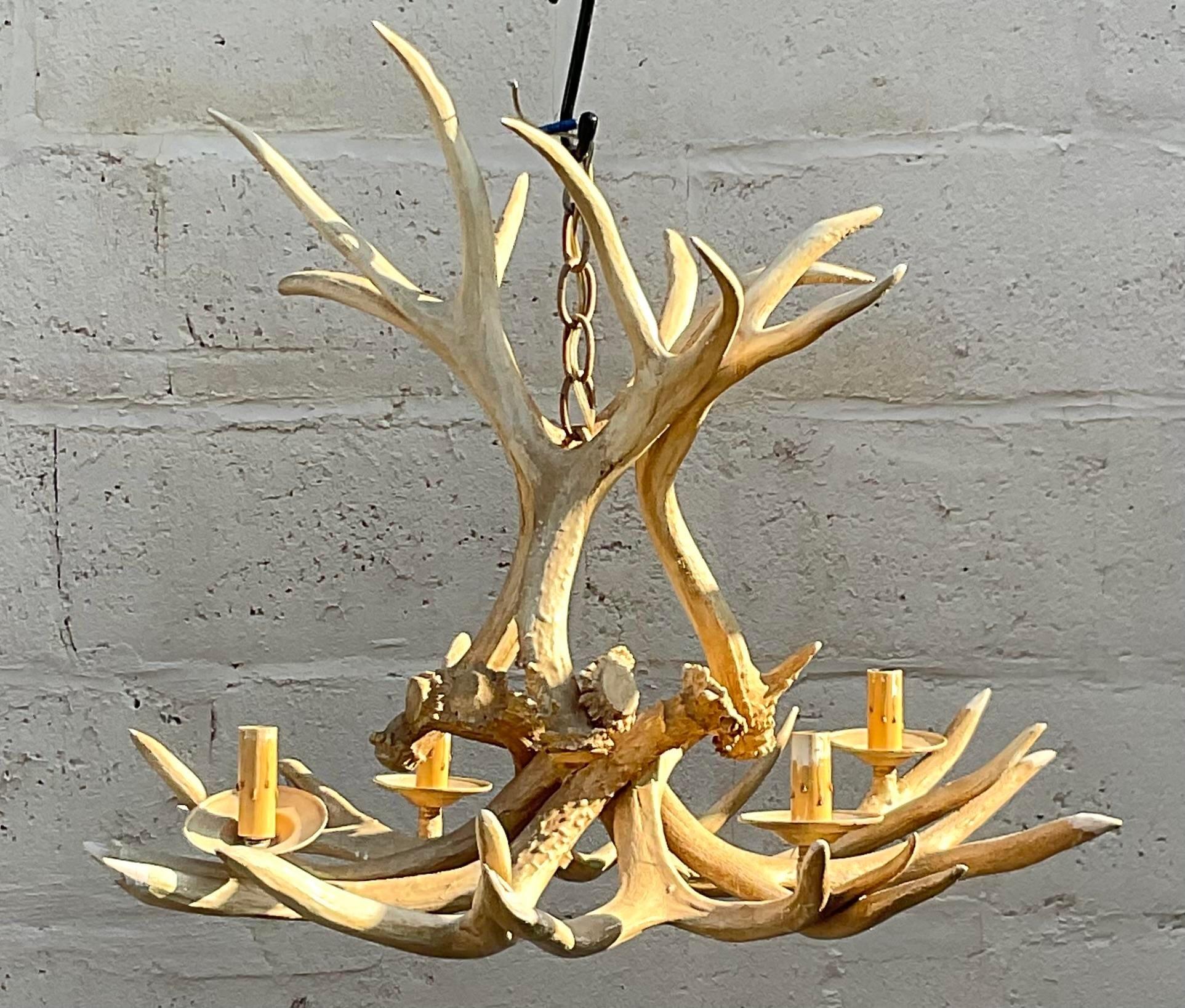 20th Century Vintage Boho Faux Antler Chandelier For Sale