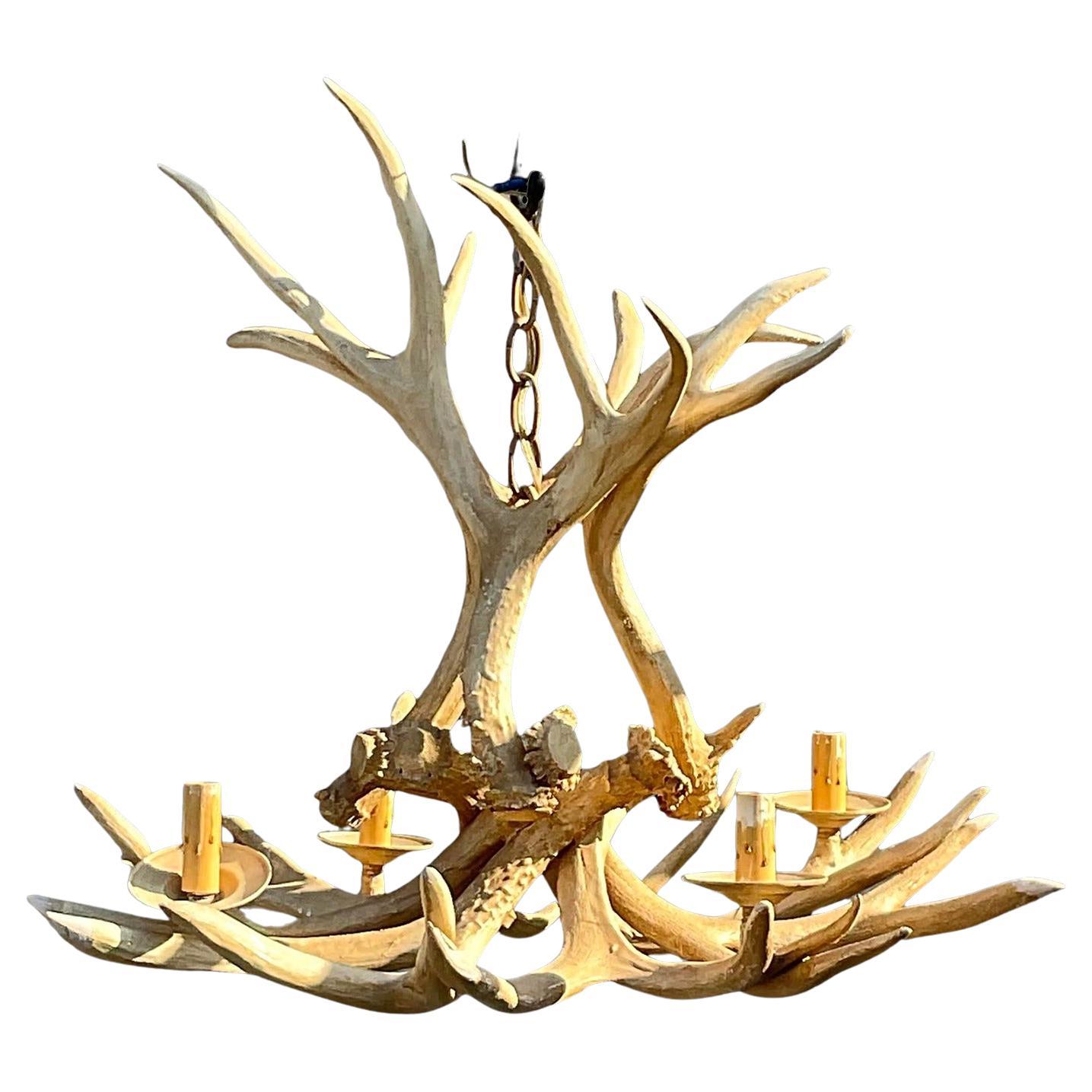 Vintage Boho Faux Antler Chandelier For Sale