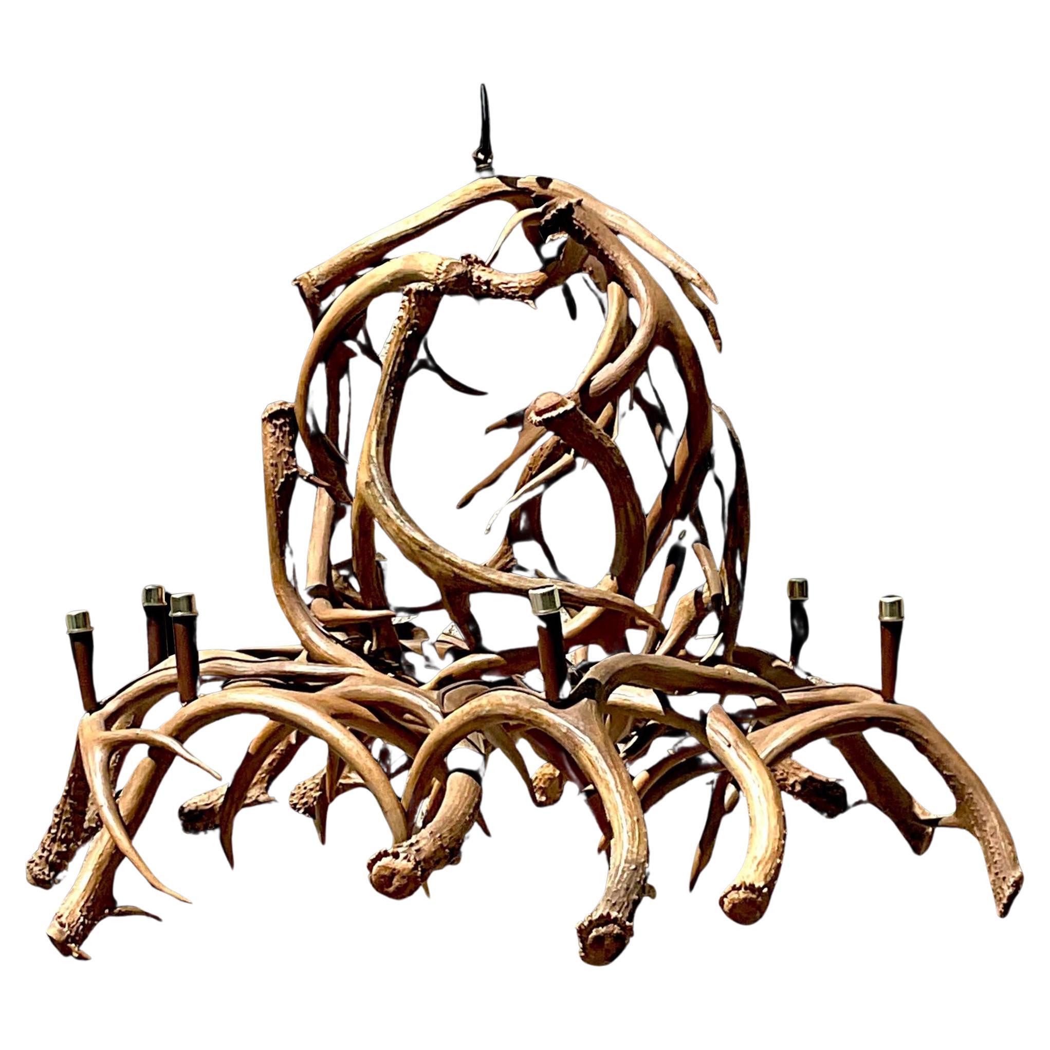 Vintage Boho Faux Antler Chandelier For Sale