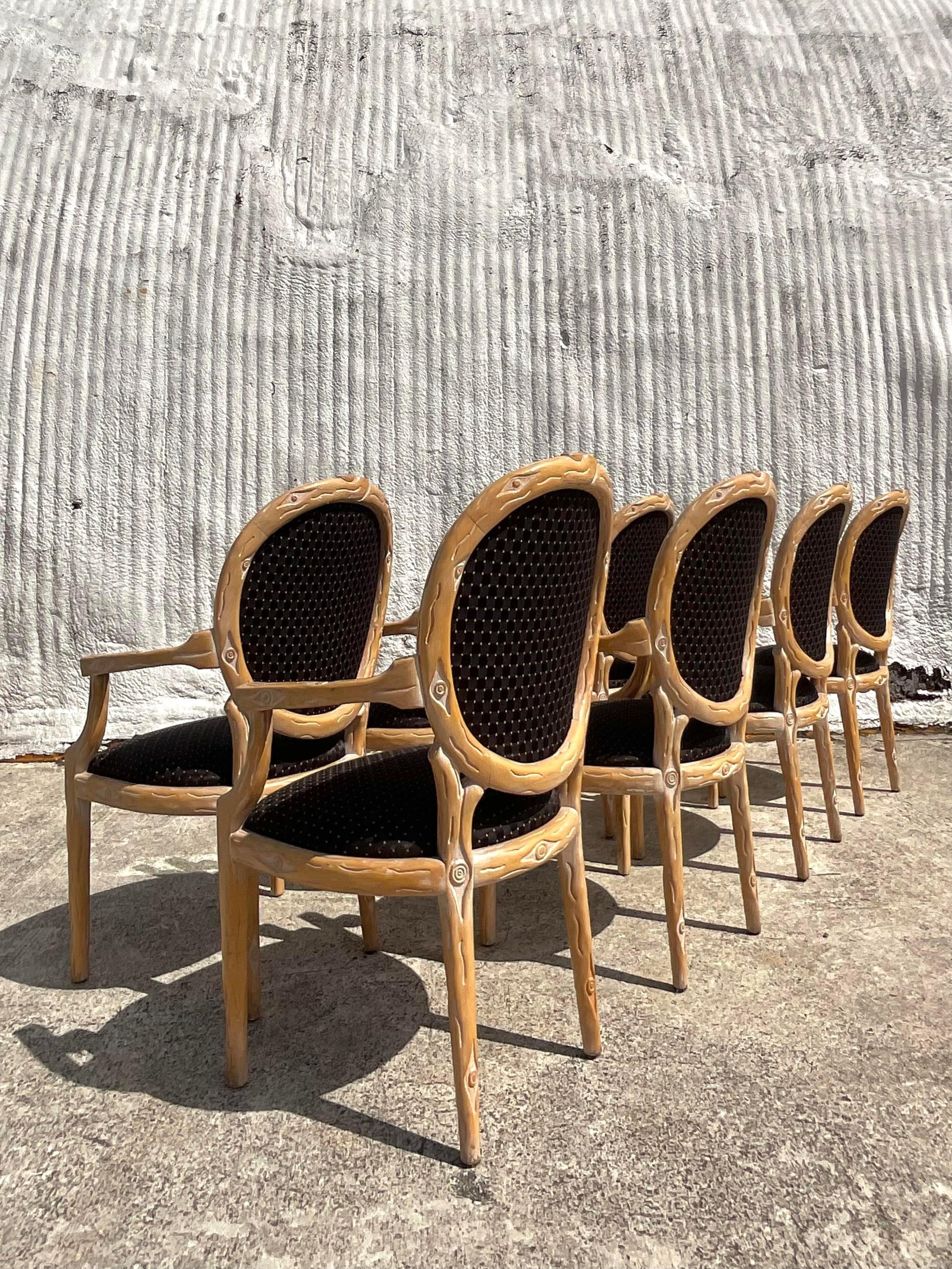 20ième siècle Chaises de salle à manger vintage Boho Faux Bois - Lot de 8 en vente