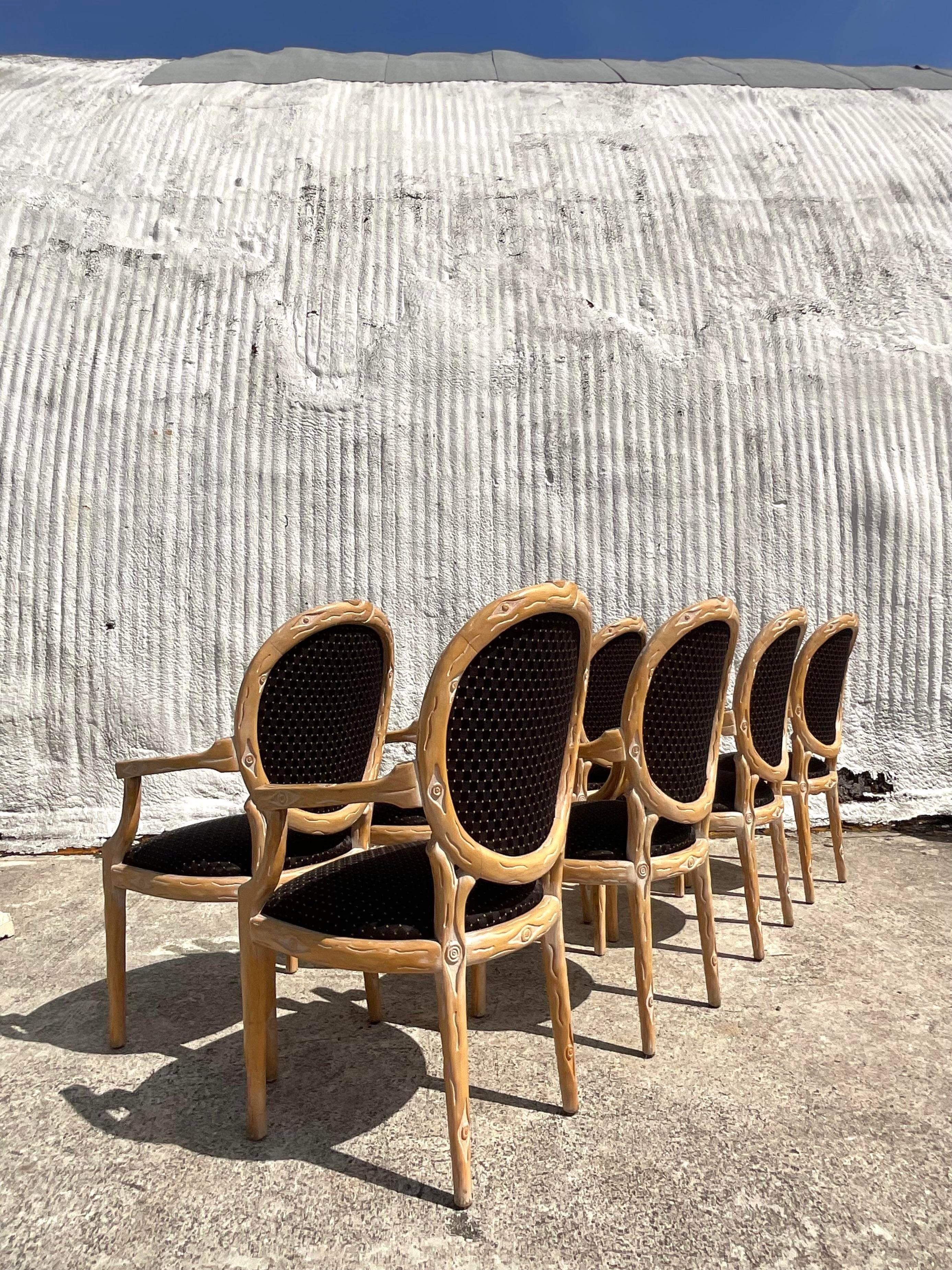 Upholstery Vintage Boho Faux Bois Dining Chairs - Set of 8 For Sale