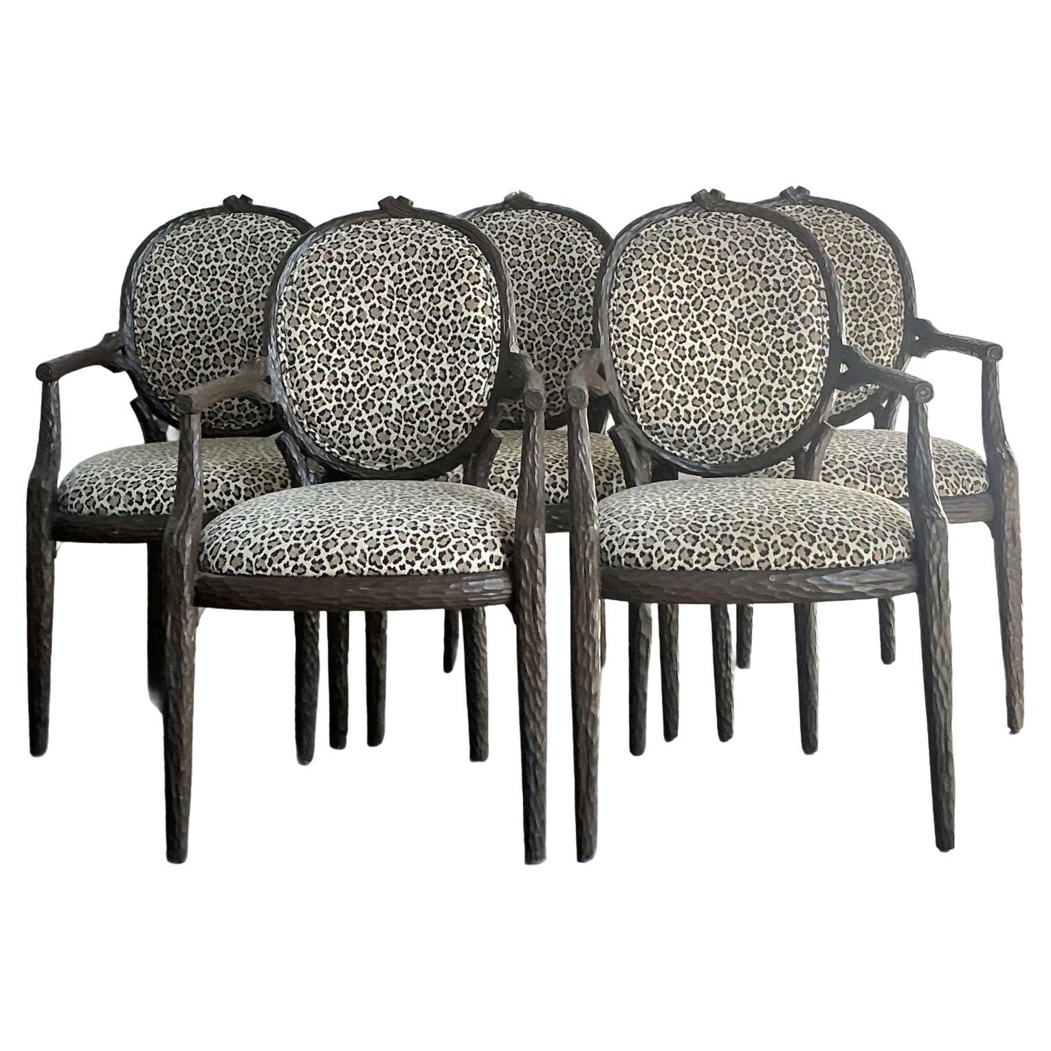 Vintage Boho Faux Bois Leopard Dining Chairs - Set of 5 For Sale