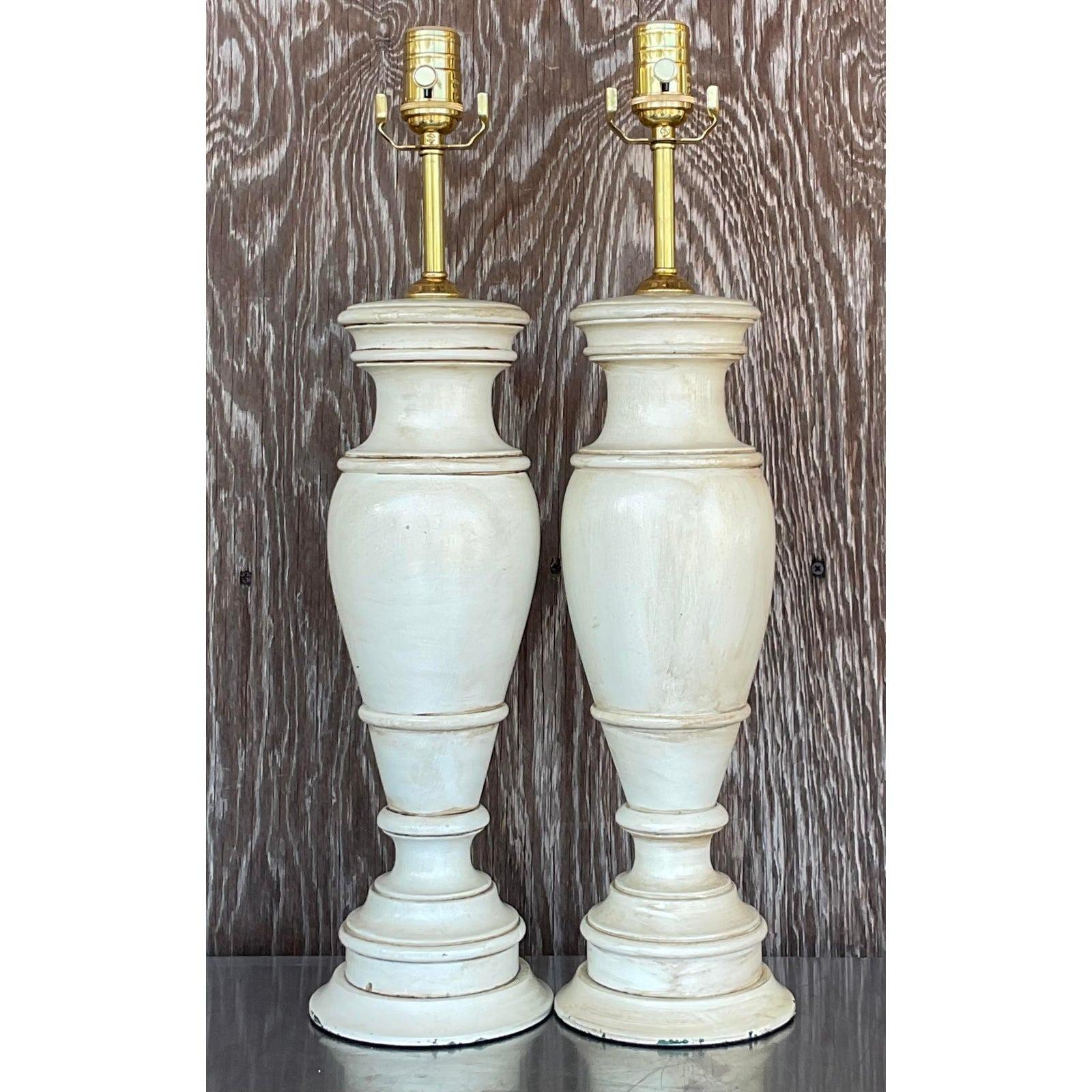 North American Vintage Boho Faux Finished Turned Wood Lamps- a Pair For Sale