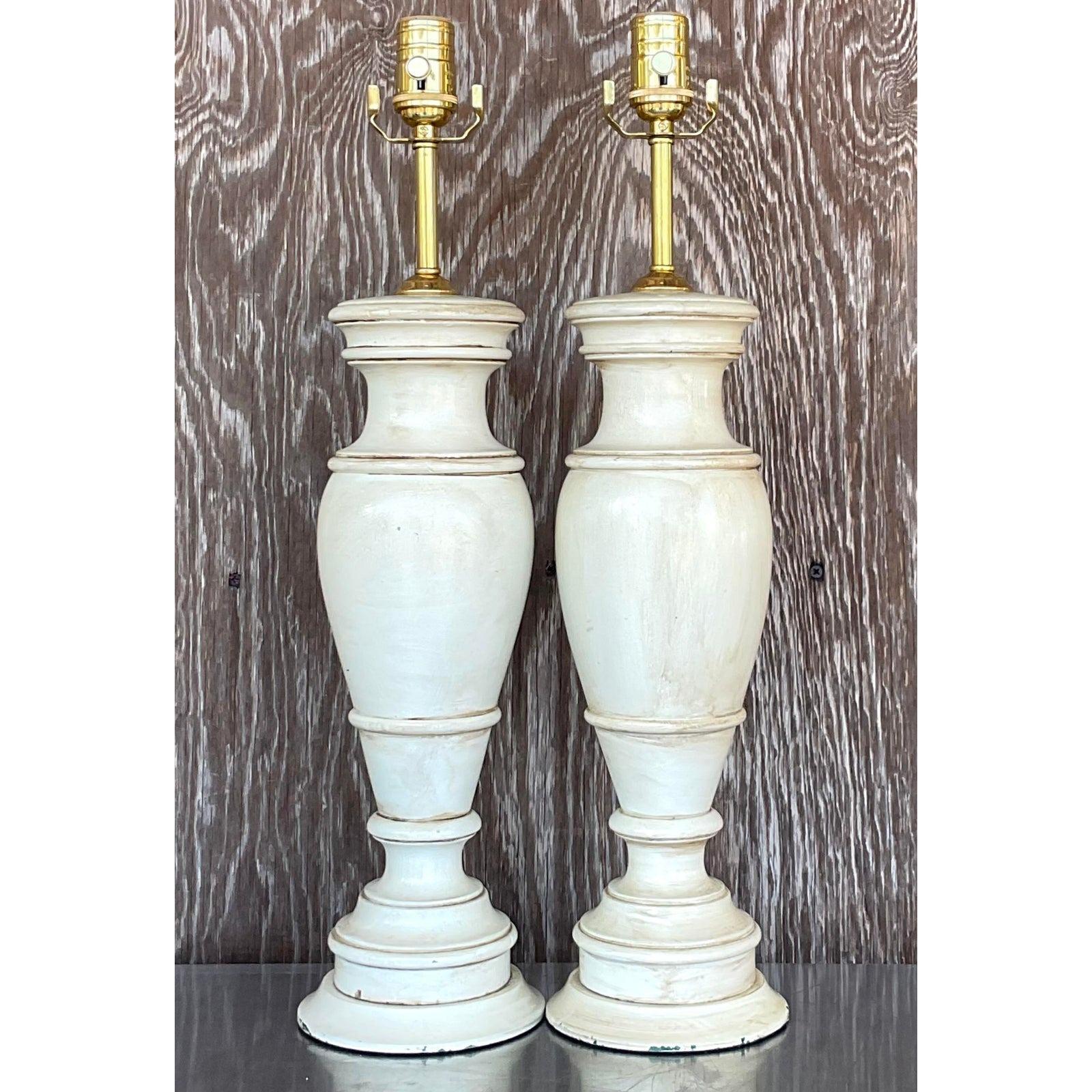 Vintage Boho Faux Finished Turned Wood Lamps- a Pair In Good Condition For Sale In west palm beach, FL