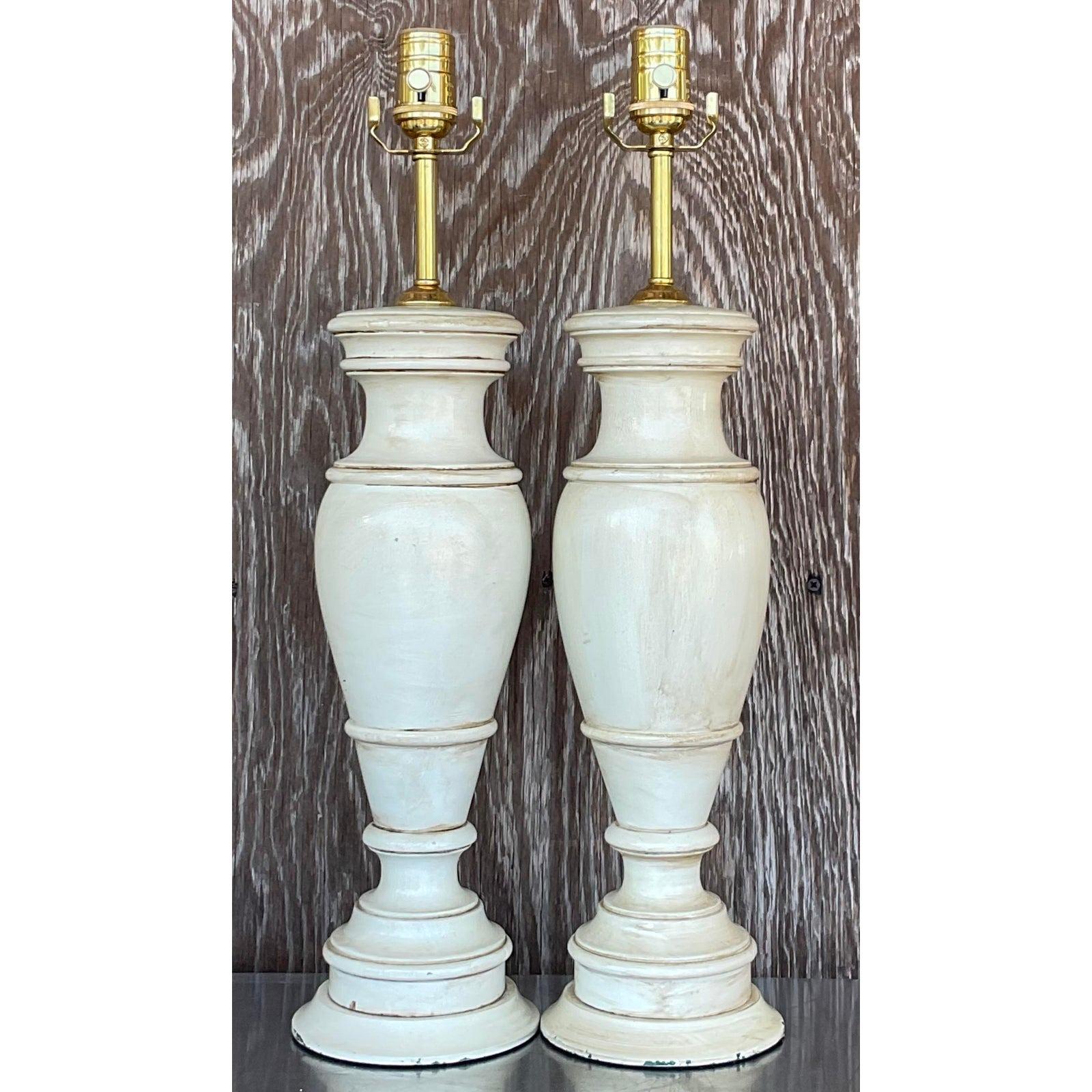 20th Century Vintage Boho Faux Finished Turned Wood Lamps- a Pair For Sale